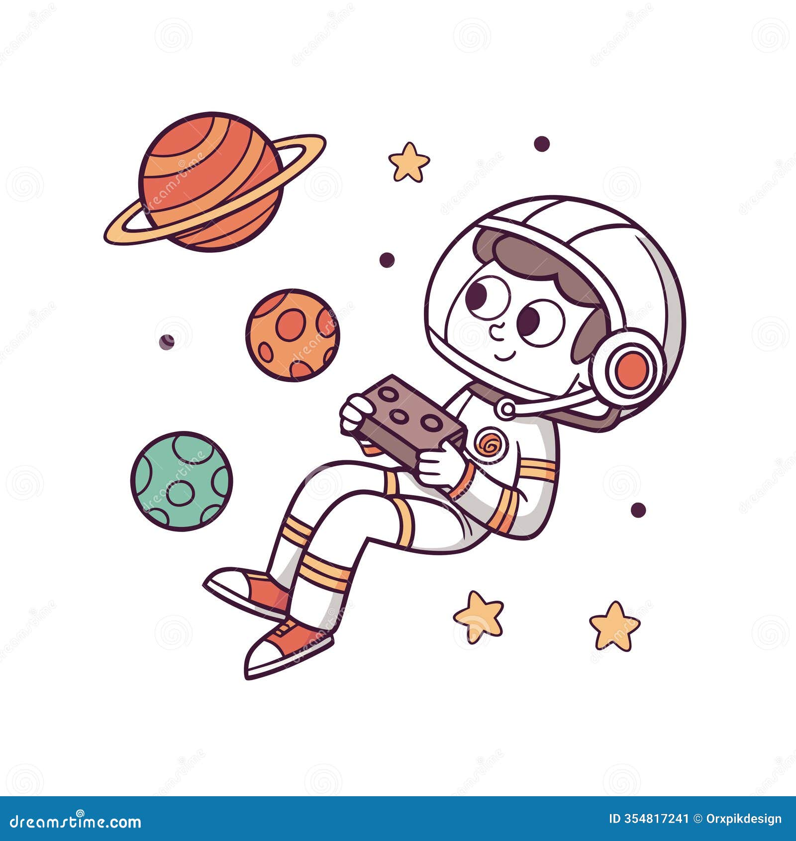 adventurous cartoon astronaut in zero gravity