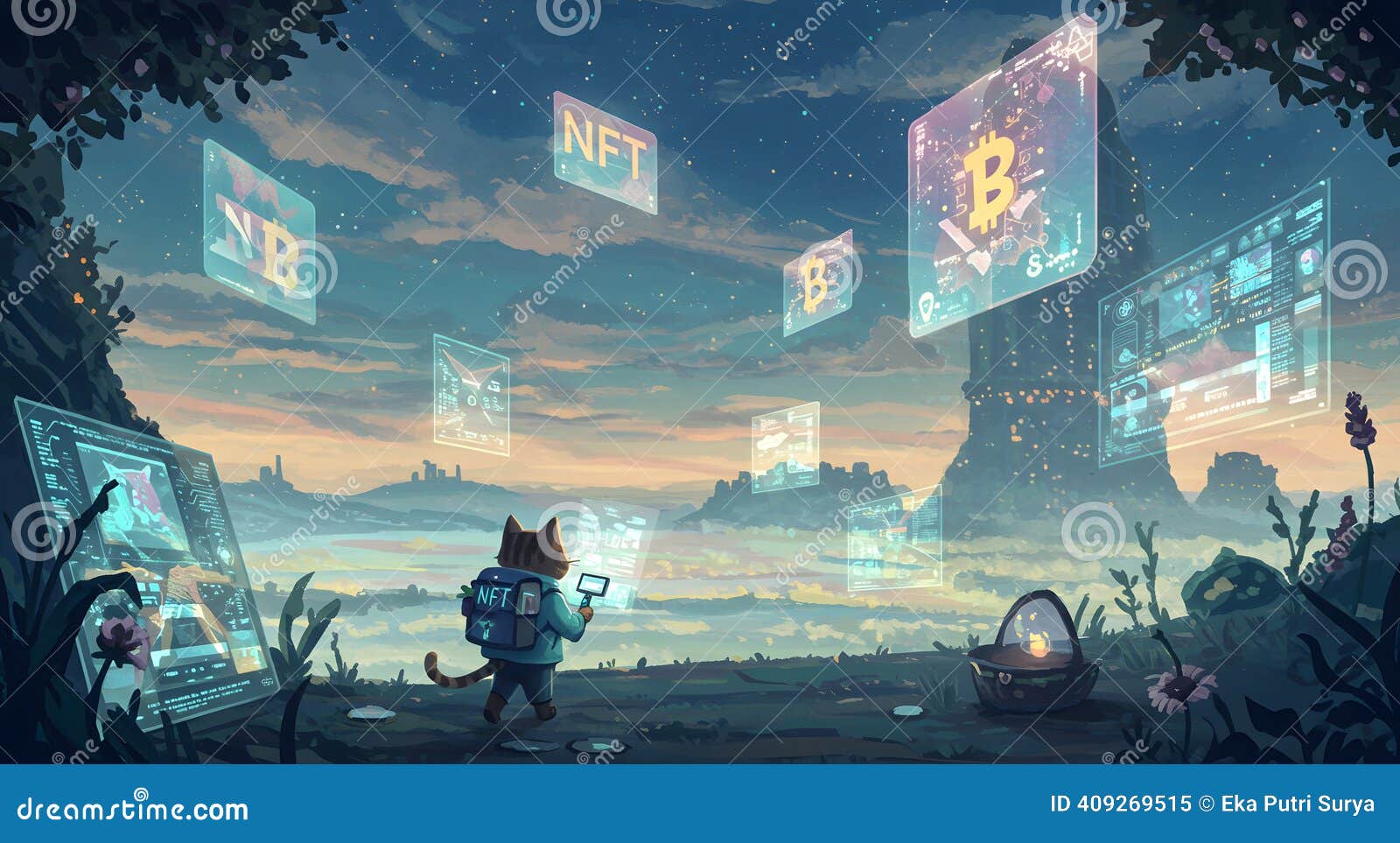 NFT Cat Exploring the Crypto Metaverse Landscape Stock Illustration -  Illustration of future, crypto: 409269515