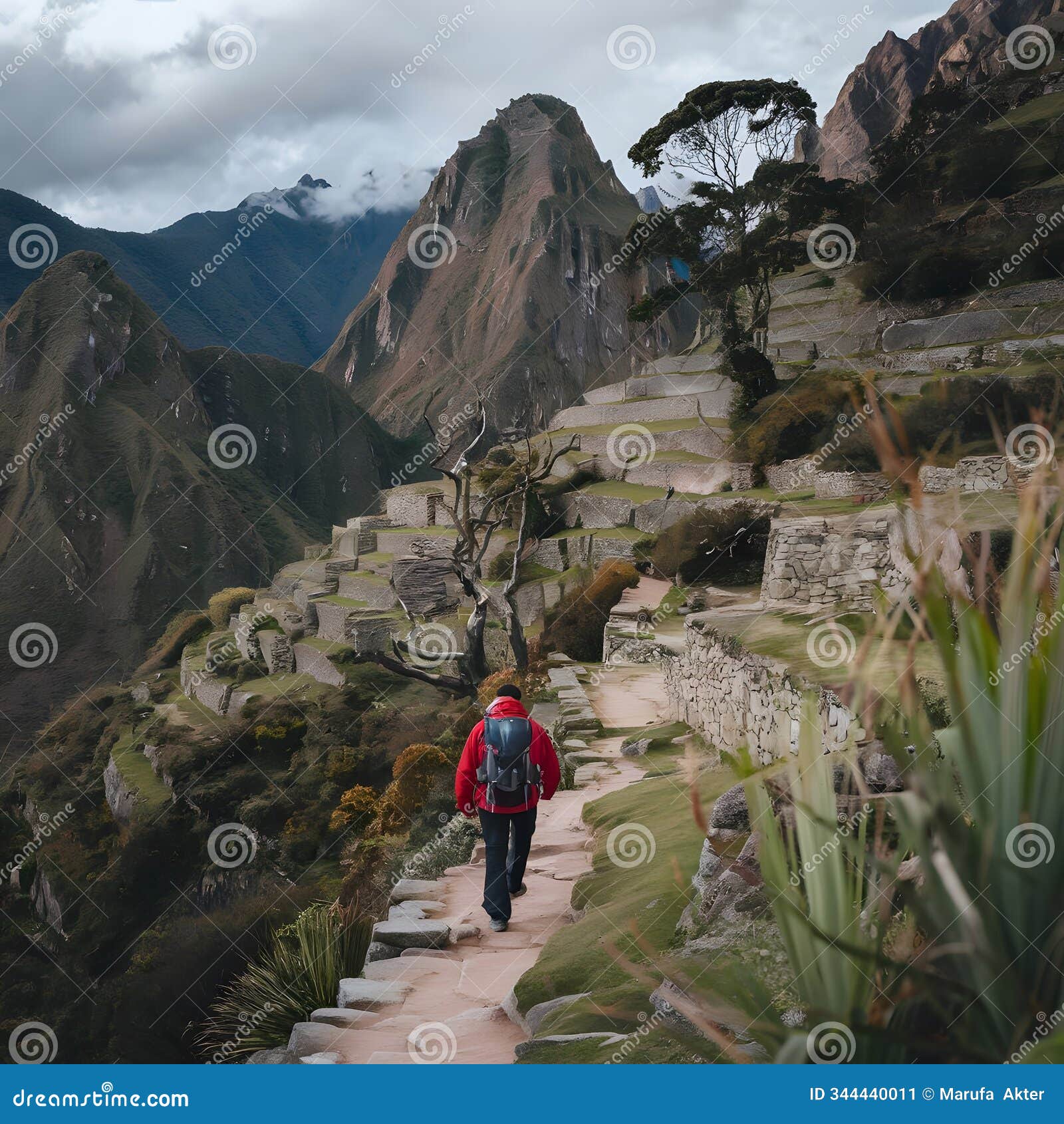 woman resting on drywall on the inca trail close to machu picchu