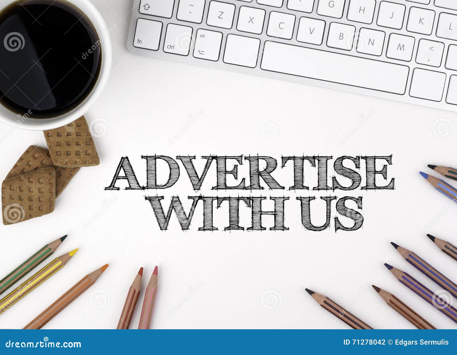 Advertise with Us. White Office Desk Stock Photo - Image of