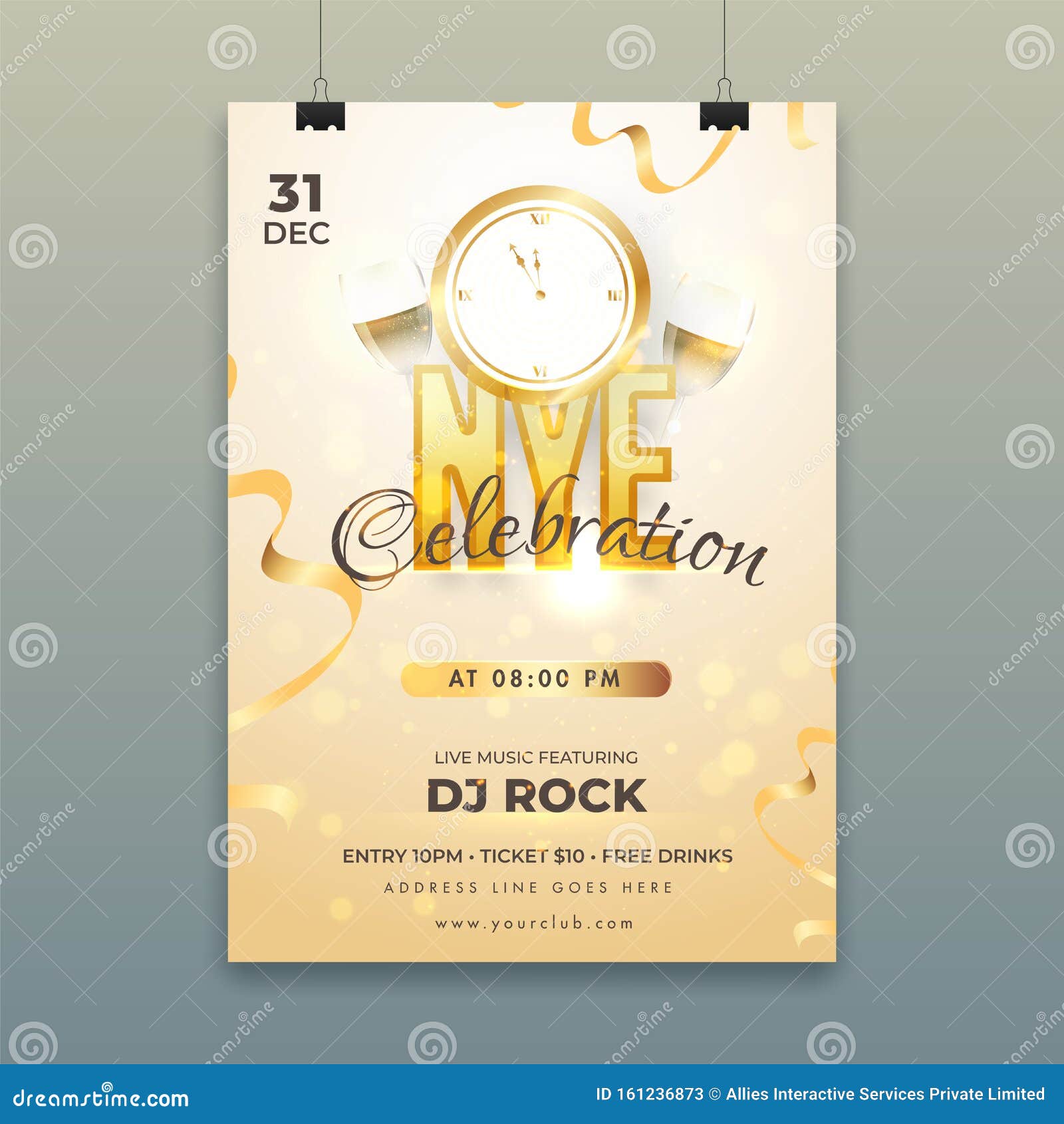 advertising template or flyer  with clock, wine glass and event details for nye.