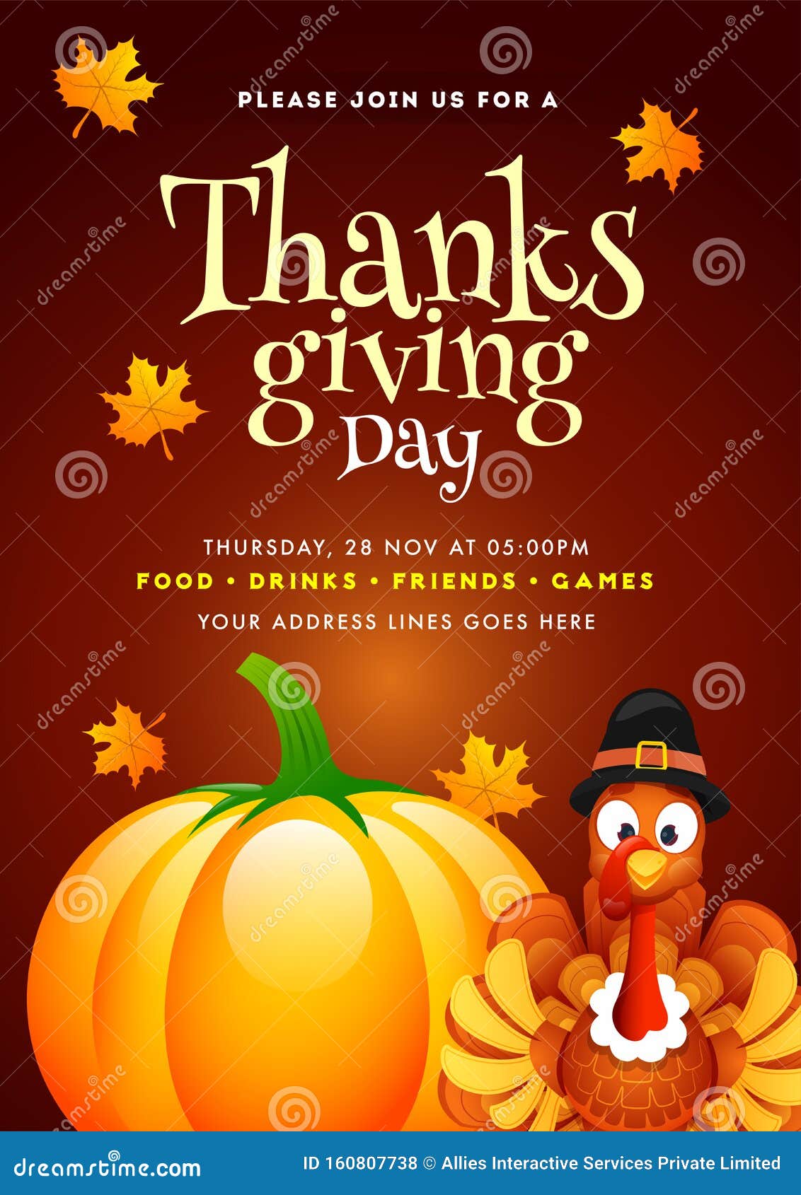 Advertising Template or Flyer Design with Turkey Bird, Pumpkin and Regarding Thanksgiving Flyer Template Free