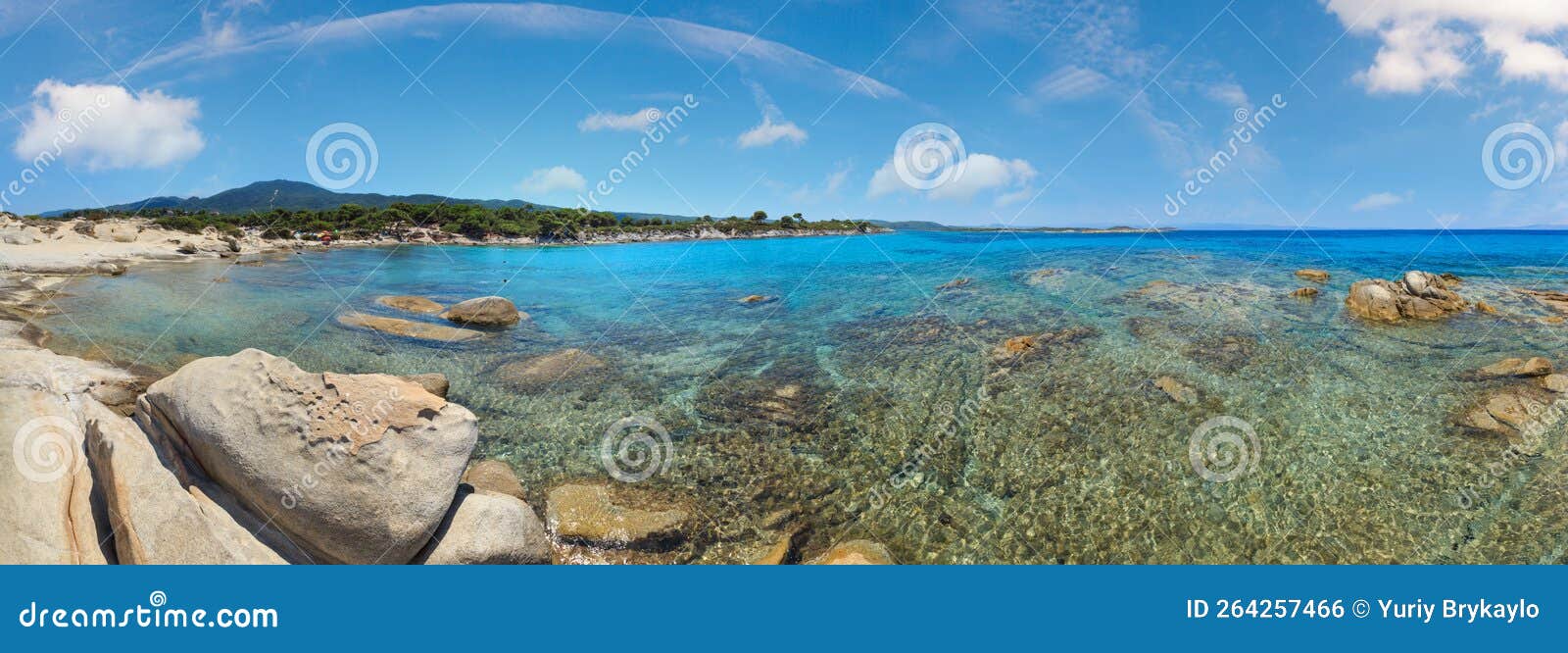 aegean sea coast landscape, panorama view near karidi beach chalkidiki, greece. people are unrecognizable