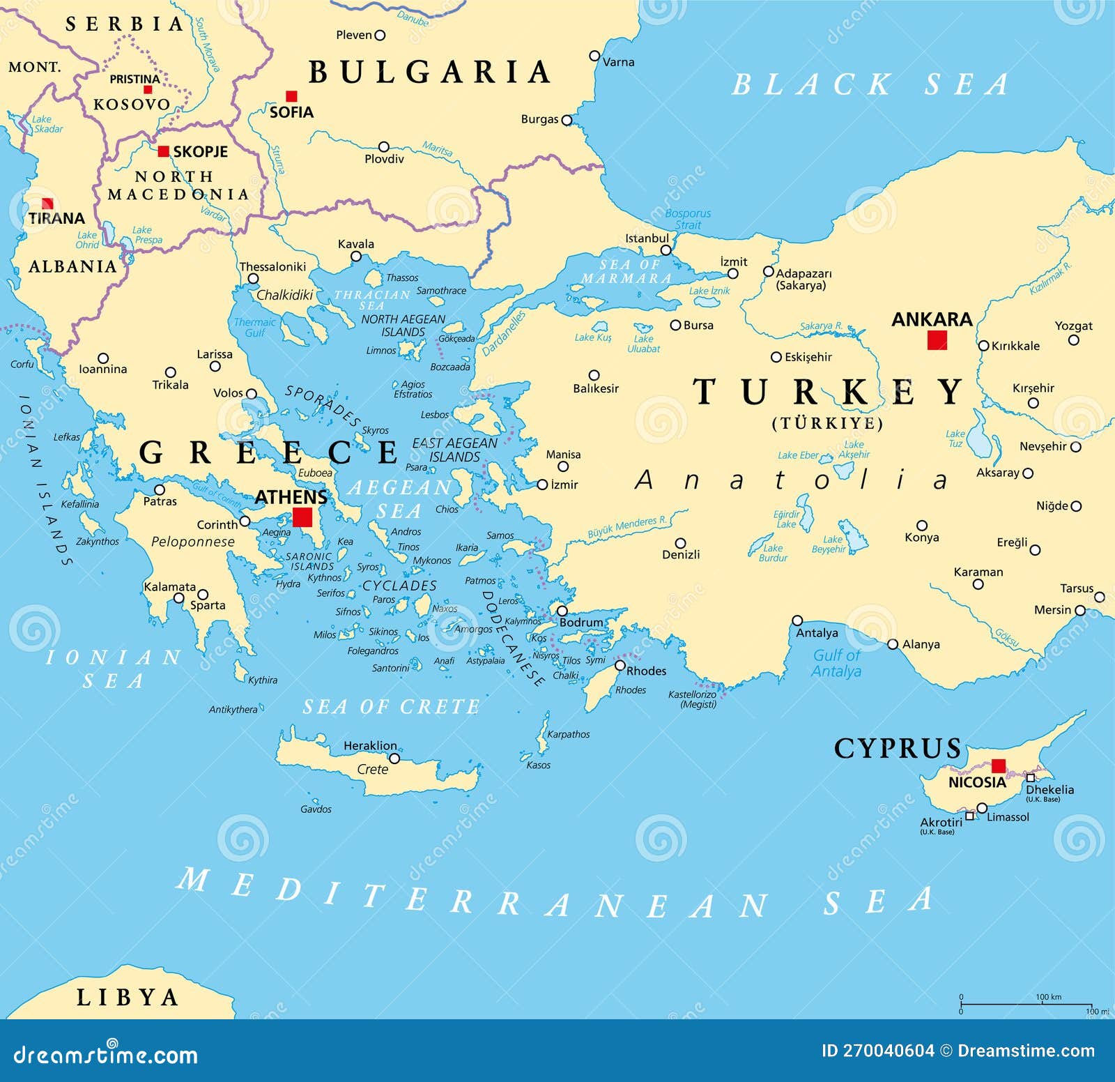 Aegean Sea Region Islands Political Map Elongated Embayment Mediterranean Located Europe Asia Balkans 270040604 