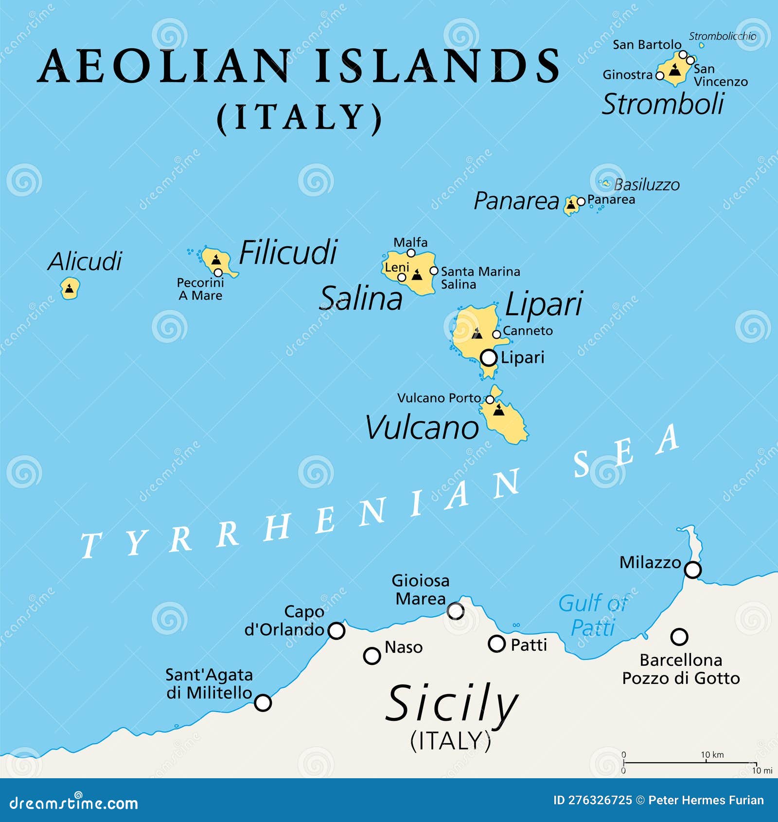 Aeolian Islands, Volcanic Archipelago North of Sicily, Political Map ...