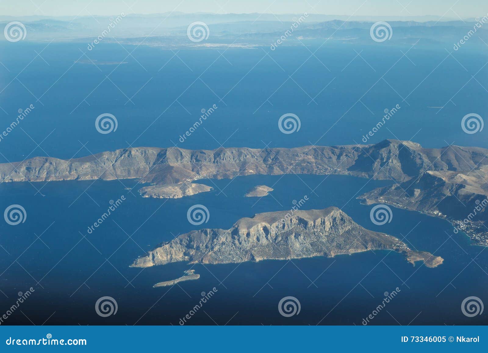 aeral viewpoint of greek telendos and part of kalymnos islands from dodecanese archipelago