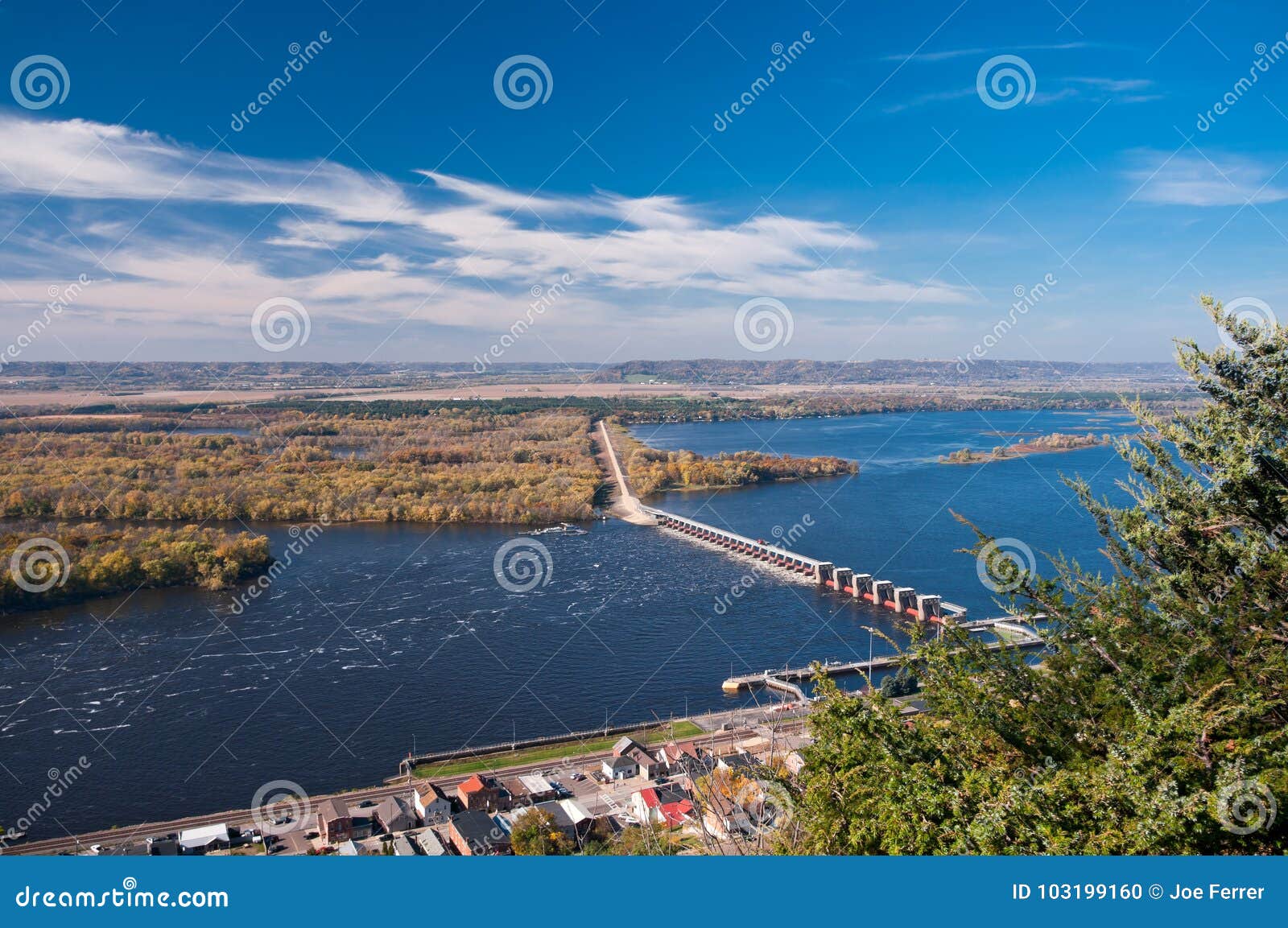 aerial of alma and river at lock and dam 4