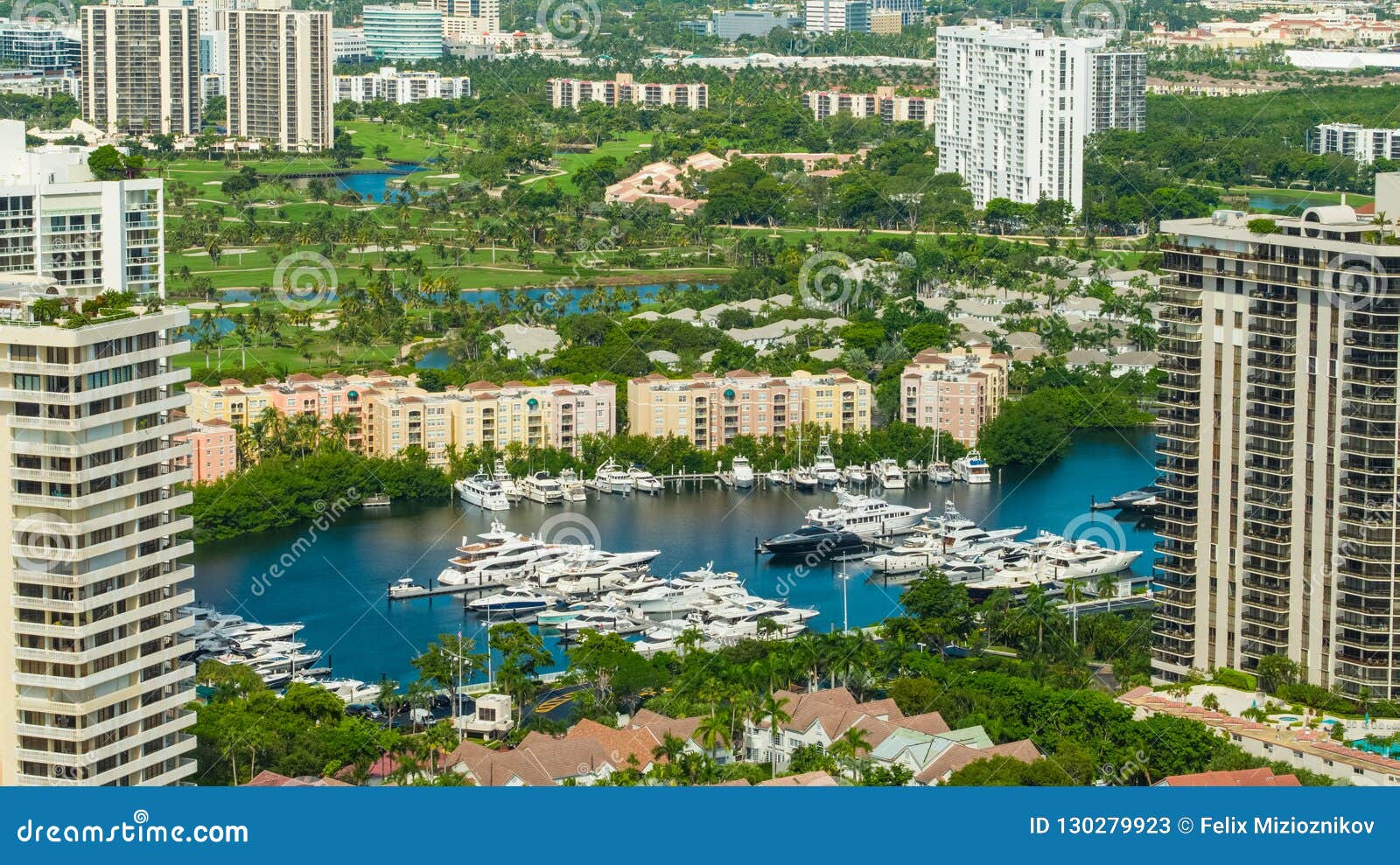 aerial aventura florida buildings and marina with boats