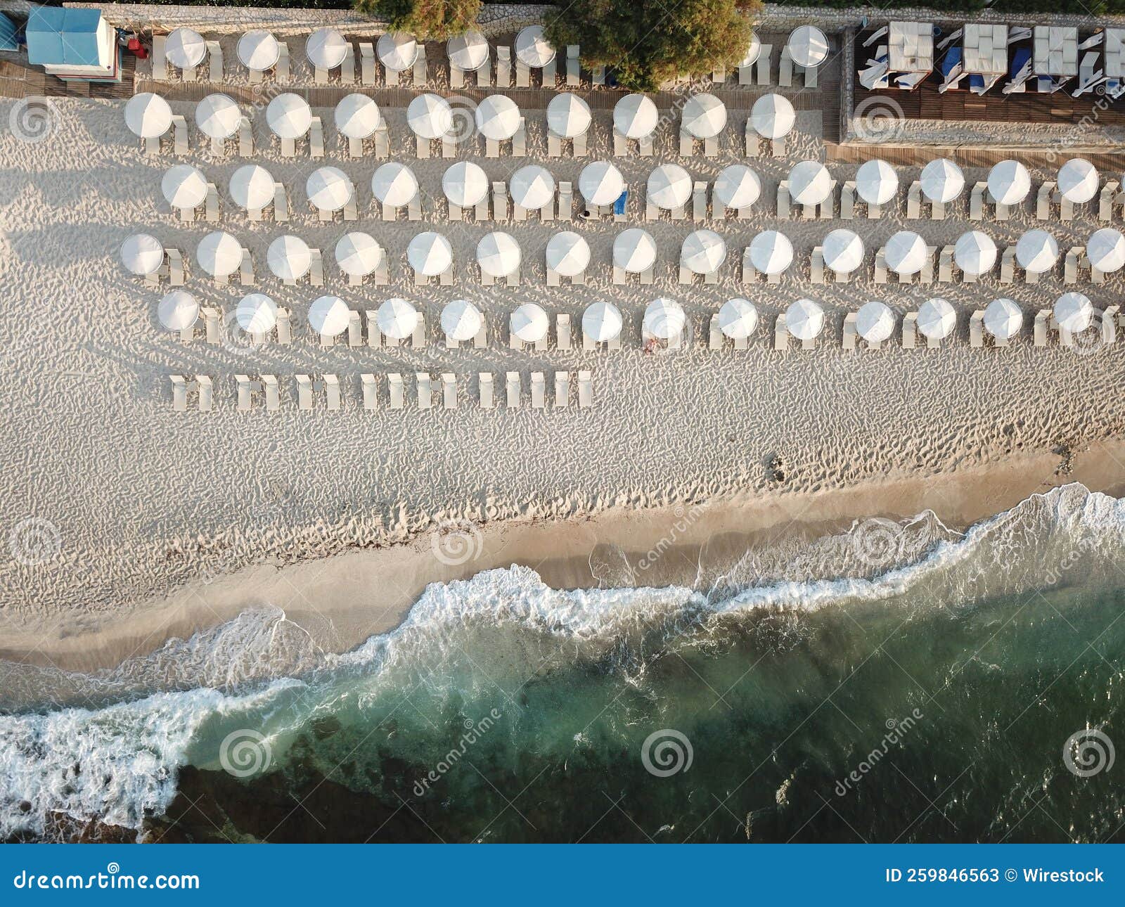 Aerial of the Beach with Umbrellas in Greece. Editorial Stock Photo