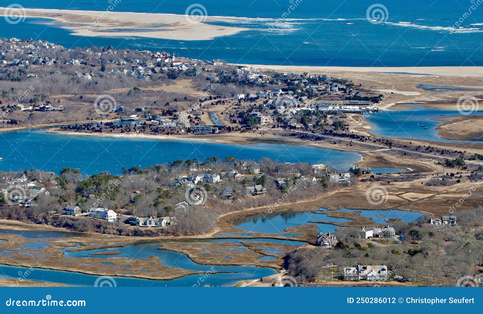 Aerial at Chatham, Cape Cod Showing Stage Harbor and the Outer Beach
