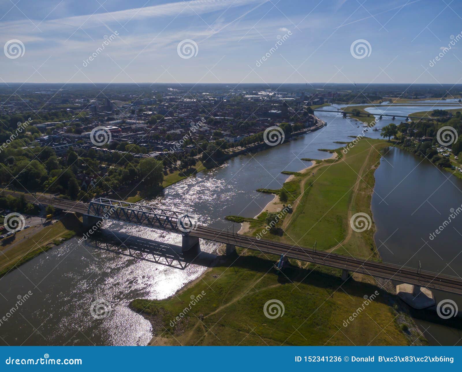 aerial of deventer and the ijssel river, part of the room for the river high water protection program