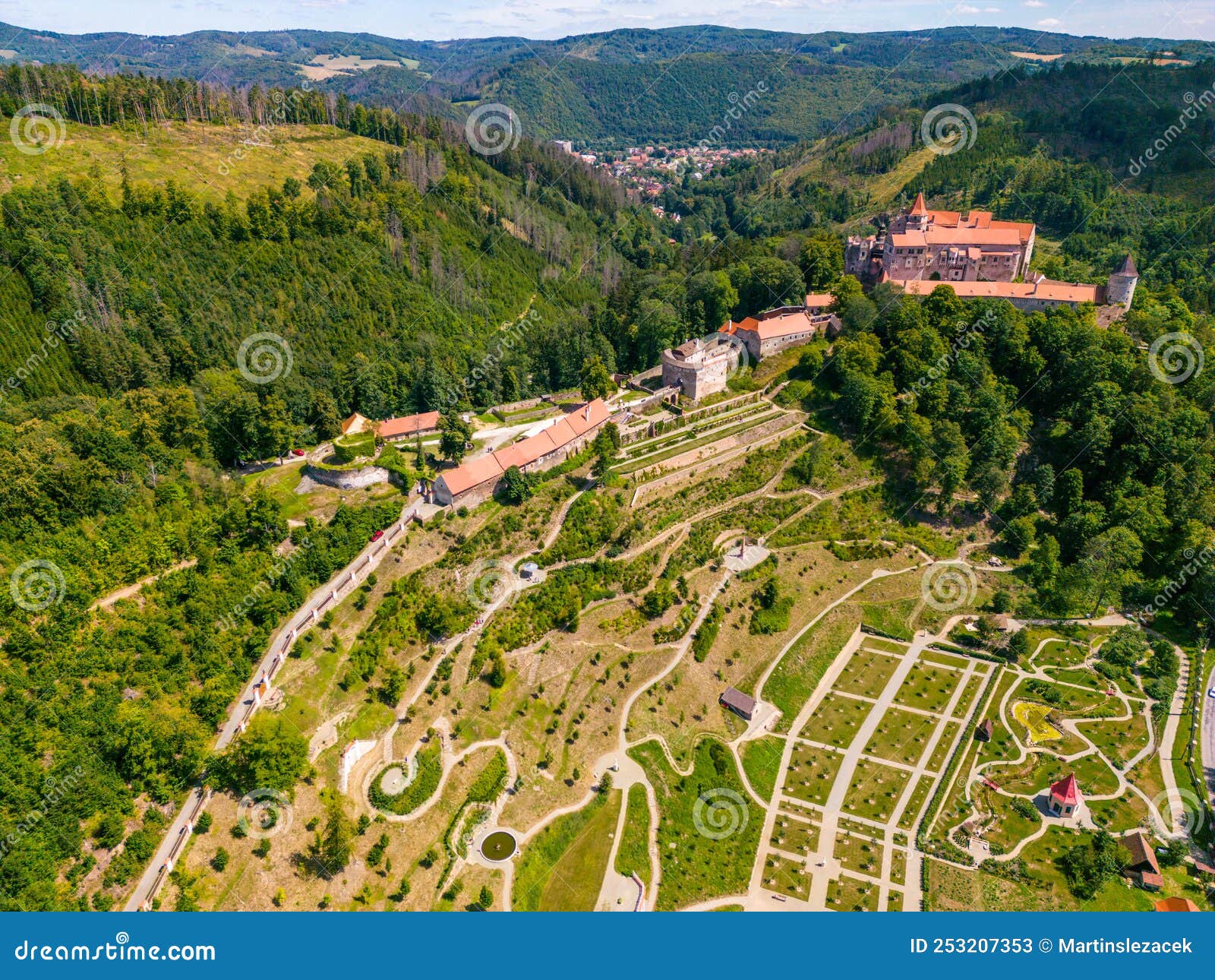 aerial drone fly near the pernstejn castle, czech republic. vysocina region near the nedvedice village. summer day with sun and