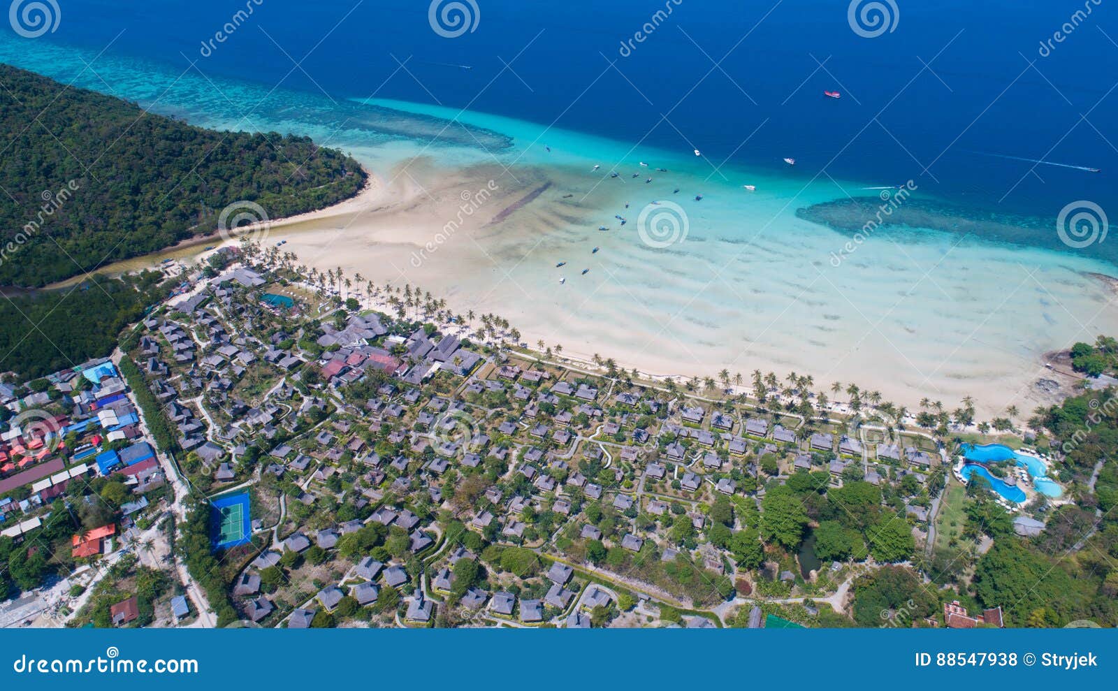 aerial drone photo of iconic tropical beach and resorts of phi phi island