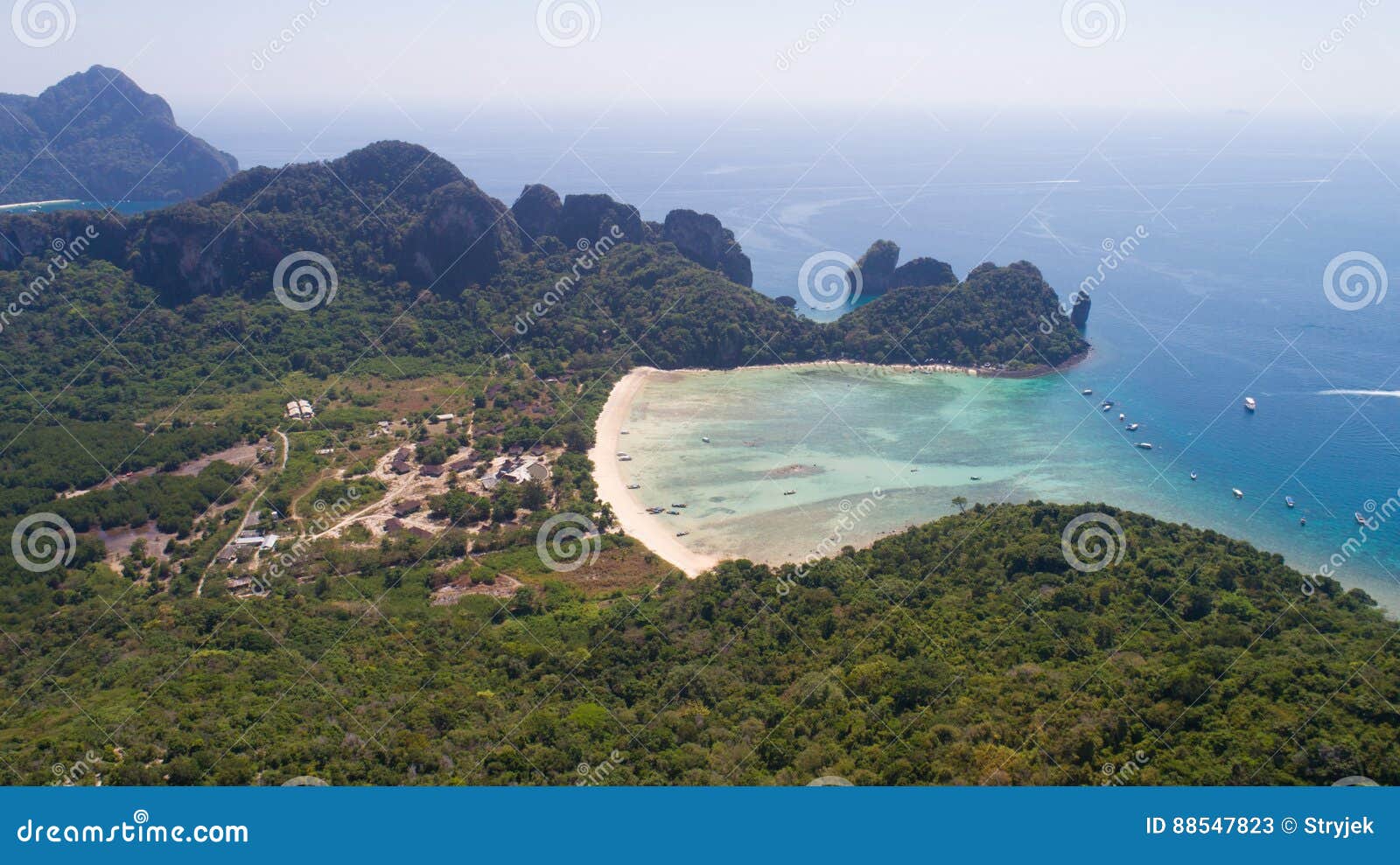 aerial drone photo of loh lana bay beach, part of iconic tropical phi phi island