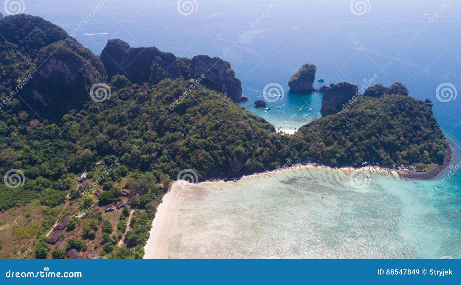 aerial drone photo of loh lana bay and nui bay beach, part of iconic tropical phi phi island