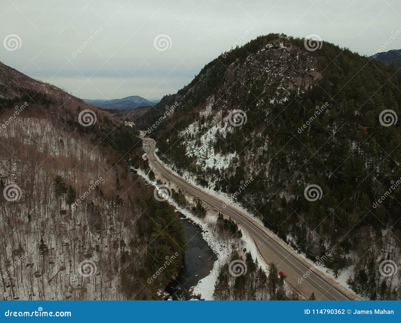 aerial drone shot of wilmington notch in the adirondacks.