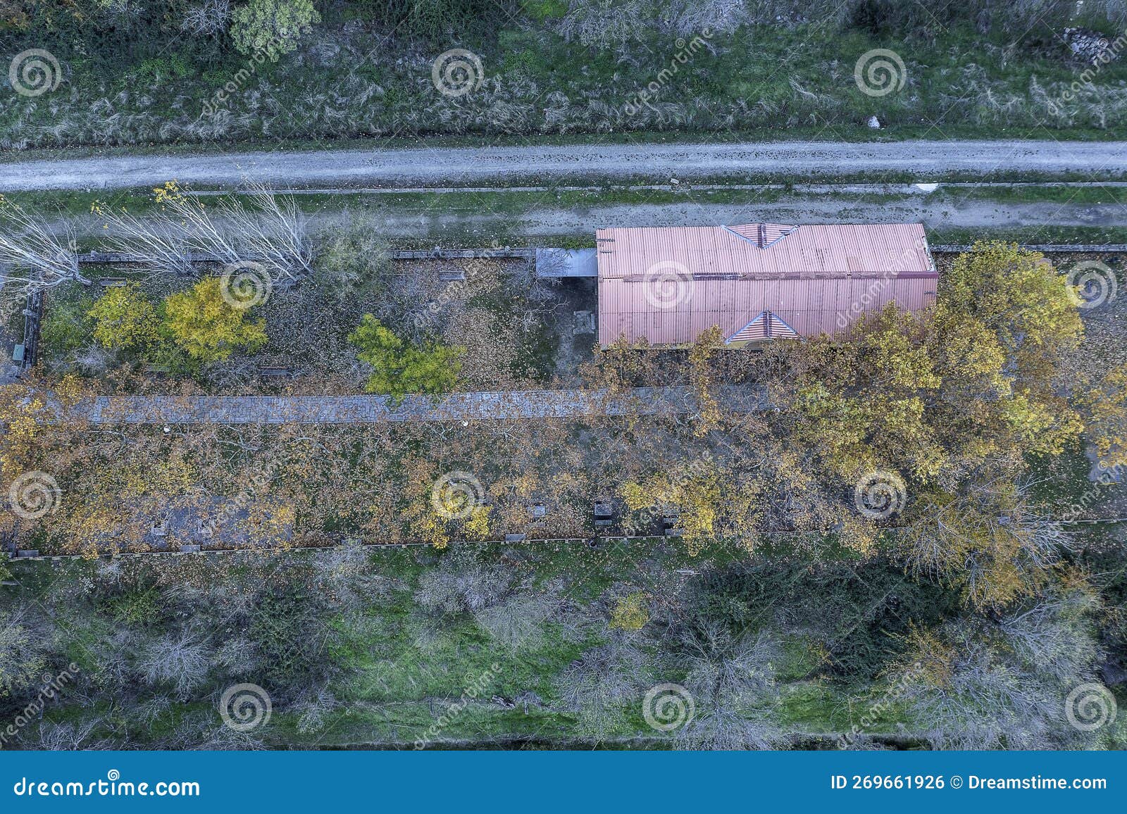 aerial drone view autumn landscape old greenway train station of 