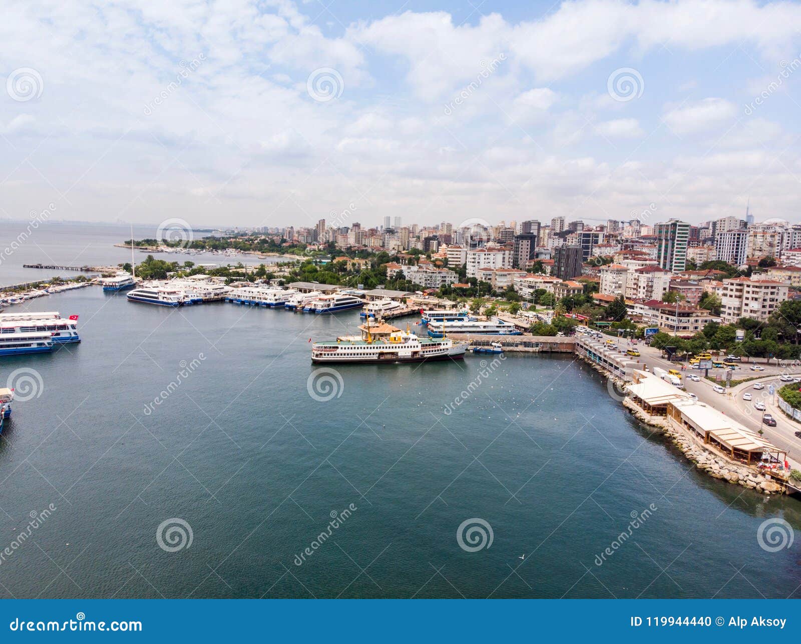 aerial drone view of bostanci sea bus and steamboat ferry pier / istanbul seaside.