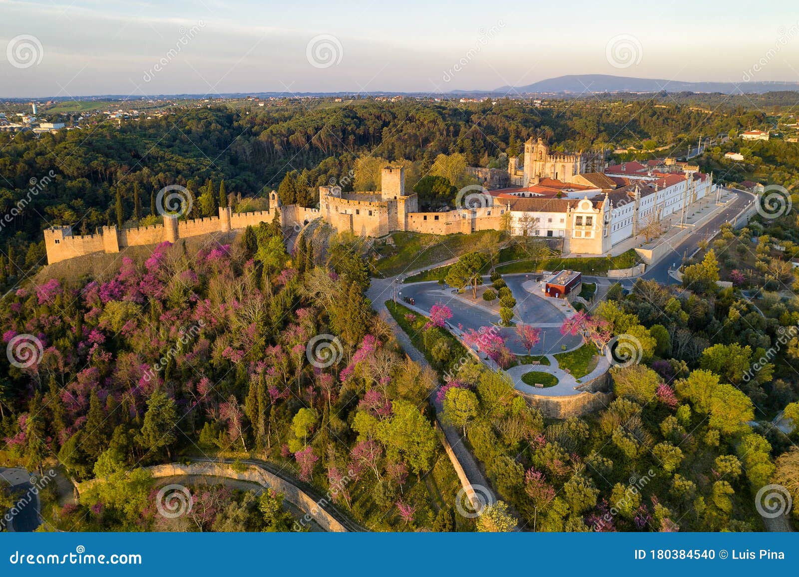 aerial drone view of convento de cristo christ convent in tomar at sunrise, portugal