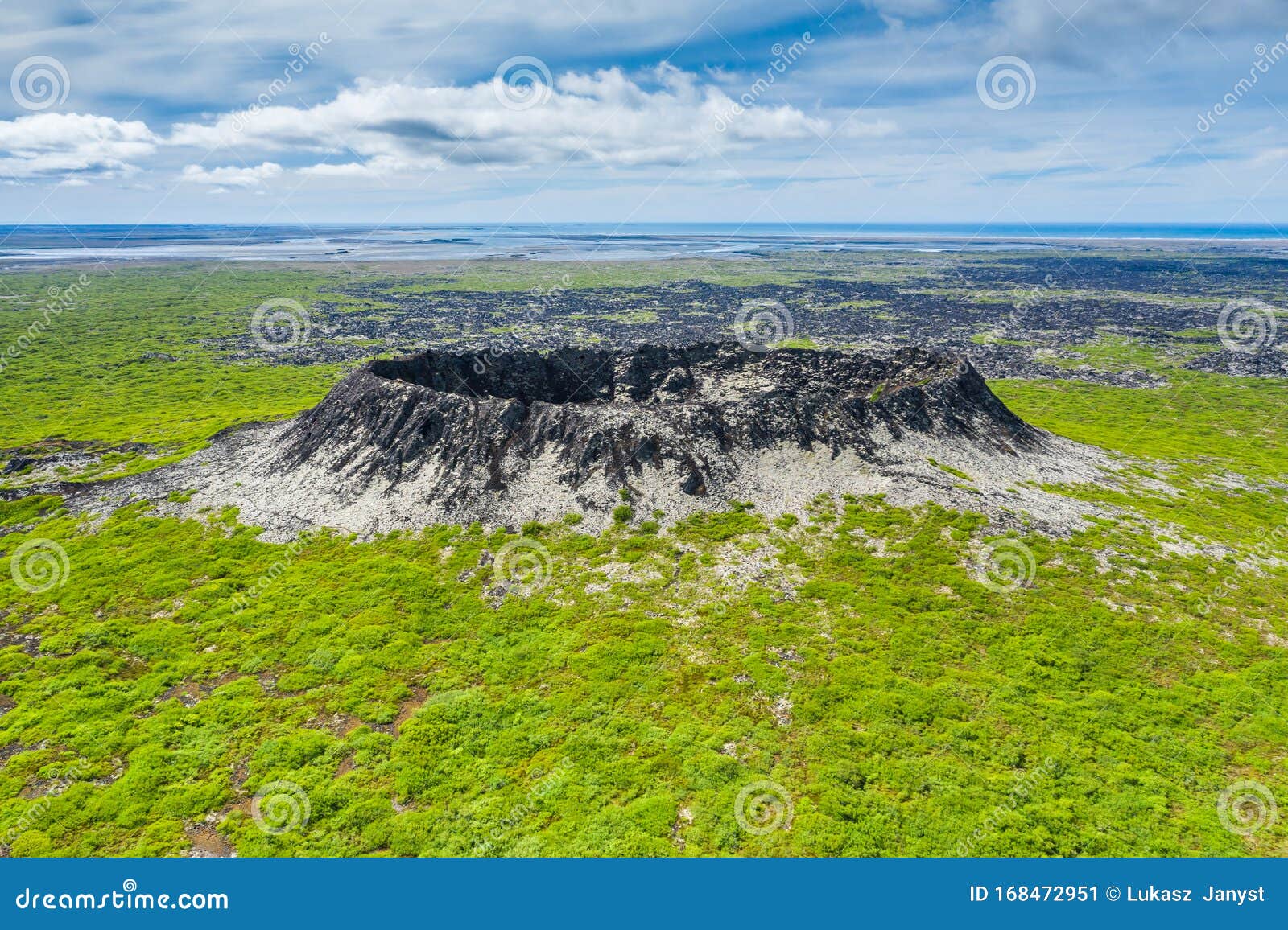 aerial drone view of crater eldborg in iceland