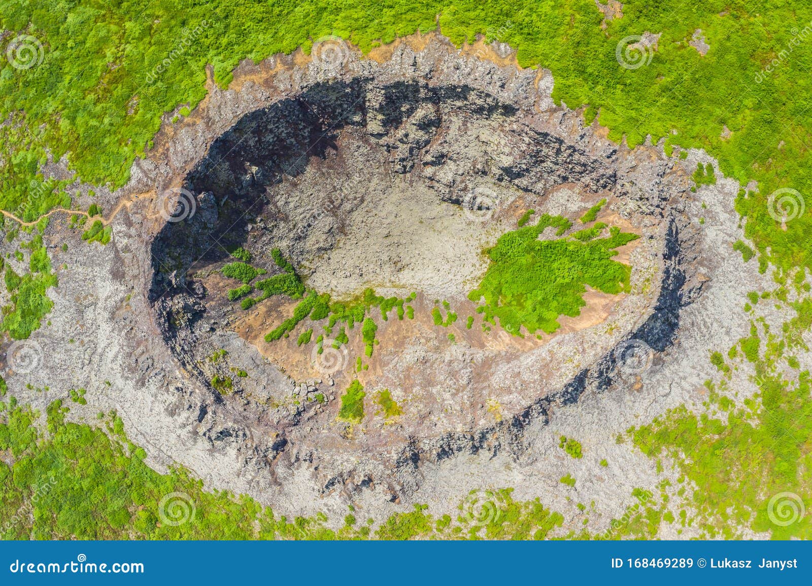 aerial drone view of crater eldborg in iceland