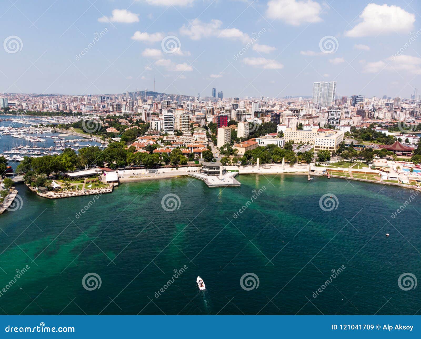 aerial drone view of fenerbahce park in kadikoy / istanbul seaside.