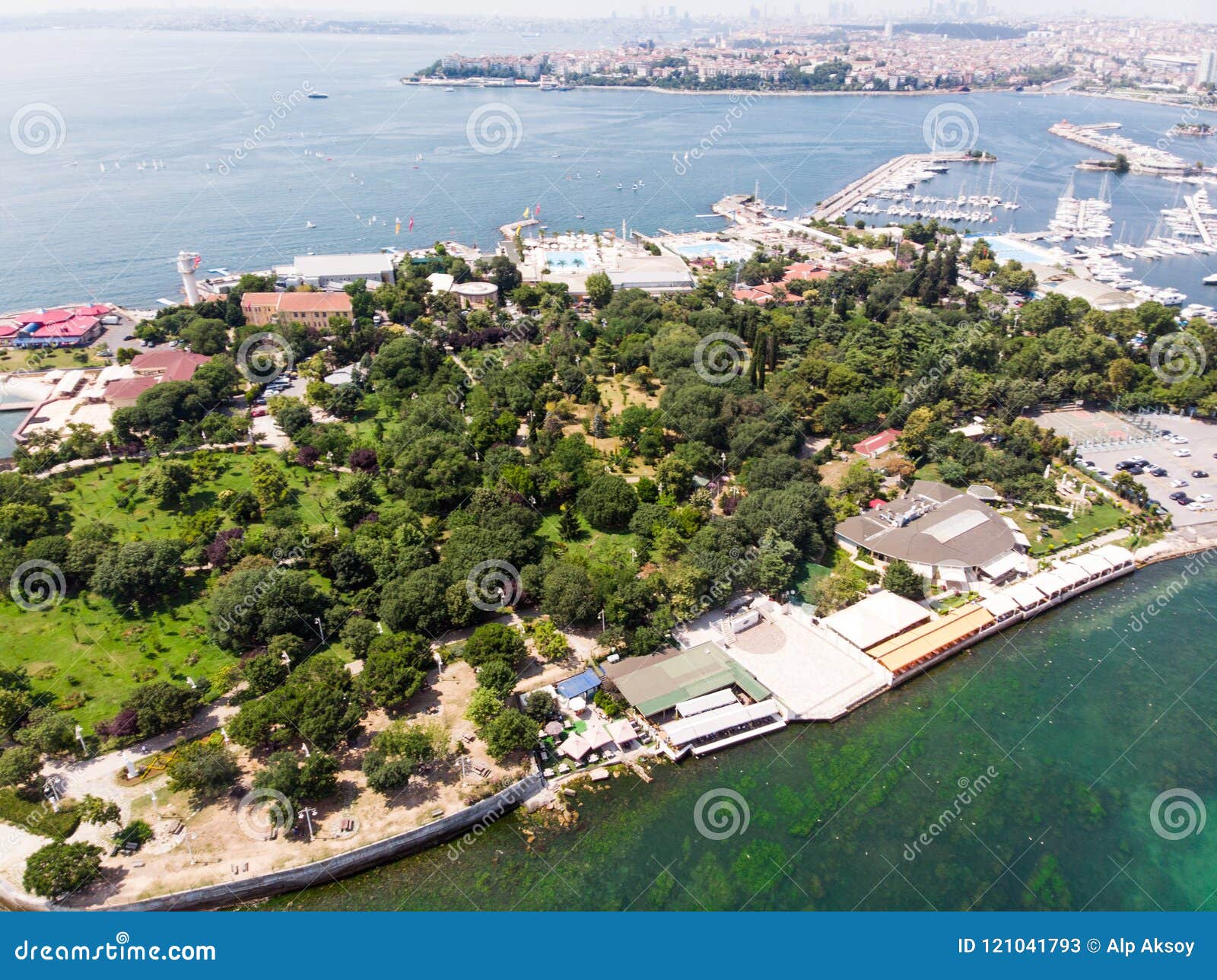 aerial drone view of fenerbahce park in kadikoy / istanbul seaside.