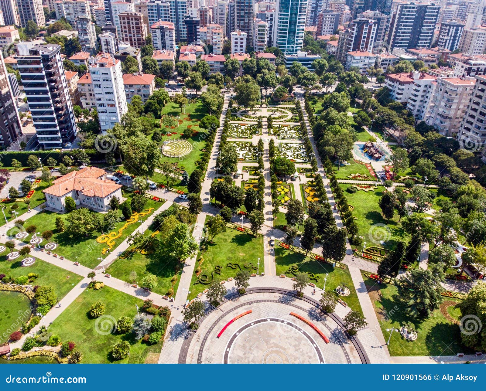 aerial drone view of goztepe 60th year park located in kadikoy, istanbul.