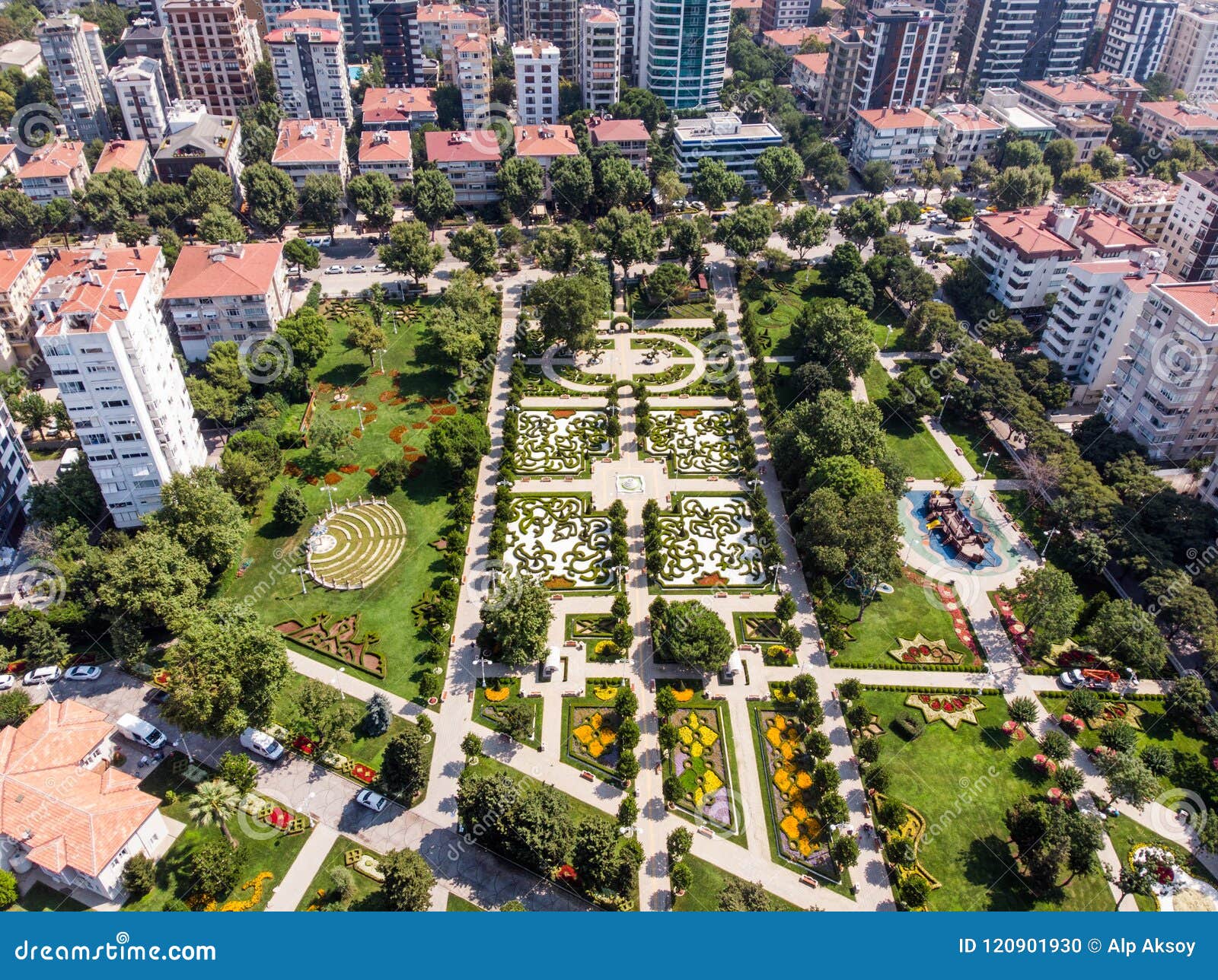 aerial drone view of goztepe 60th year park located in kadikoy, istanbul.
