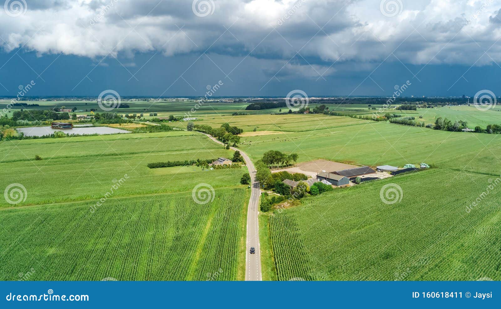 aerial drone view of green fields and farm houses near canal, typical dutch landscape, holland, netherlands