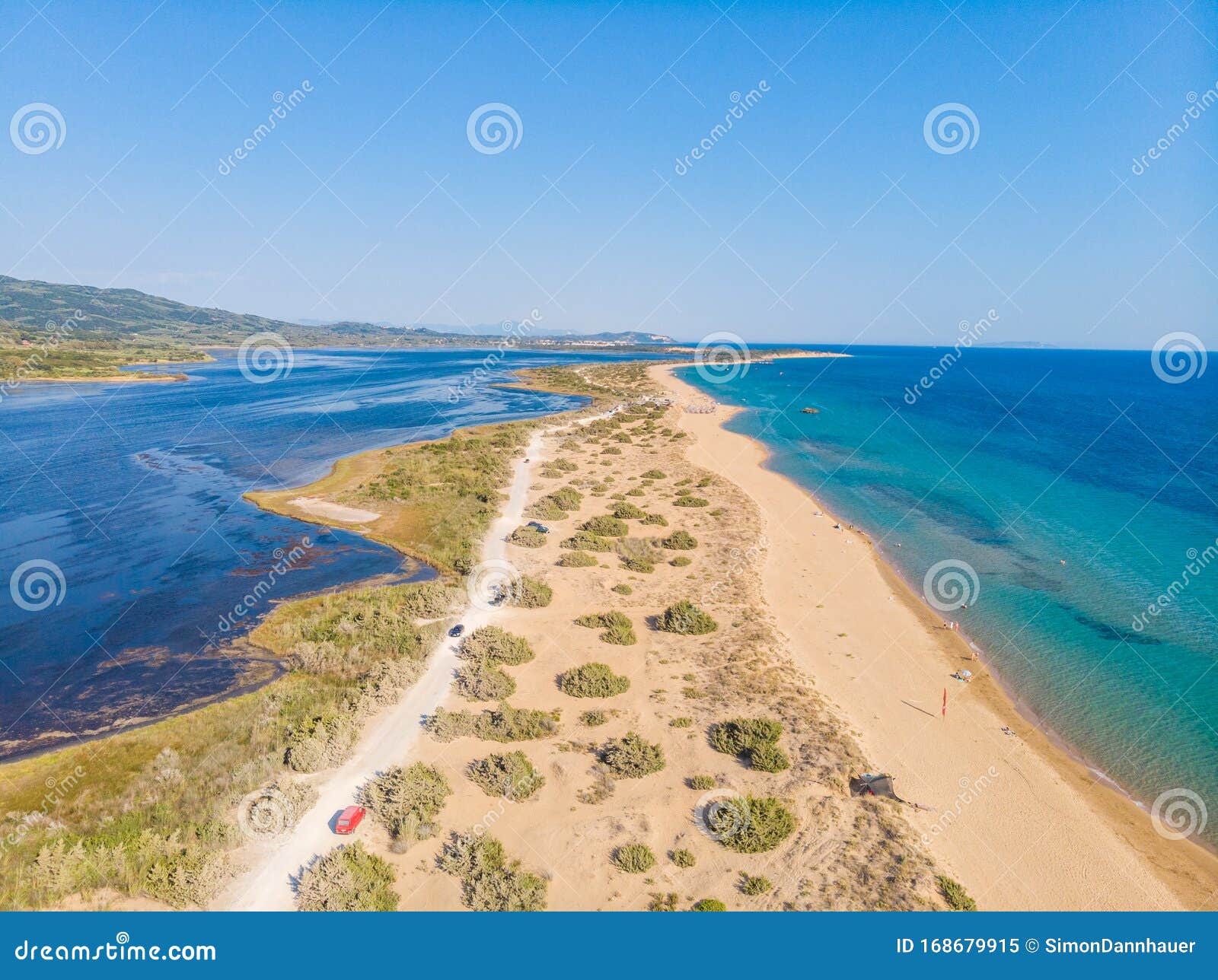 aerial drone view of halikounas beach and lake korission, corfu island, ionian sea, greece