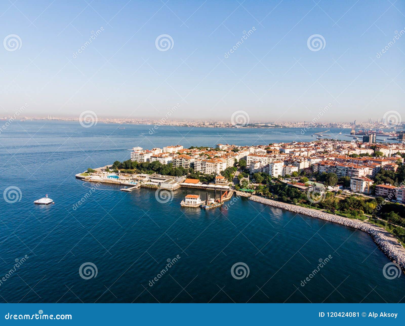 aerial drone view of historical moda pier in kadikoy / istanbul.