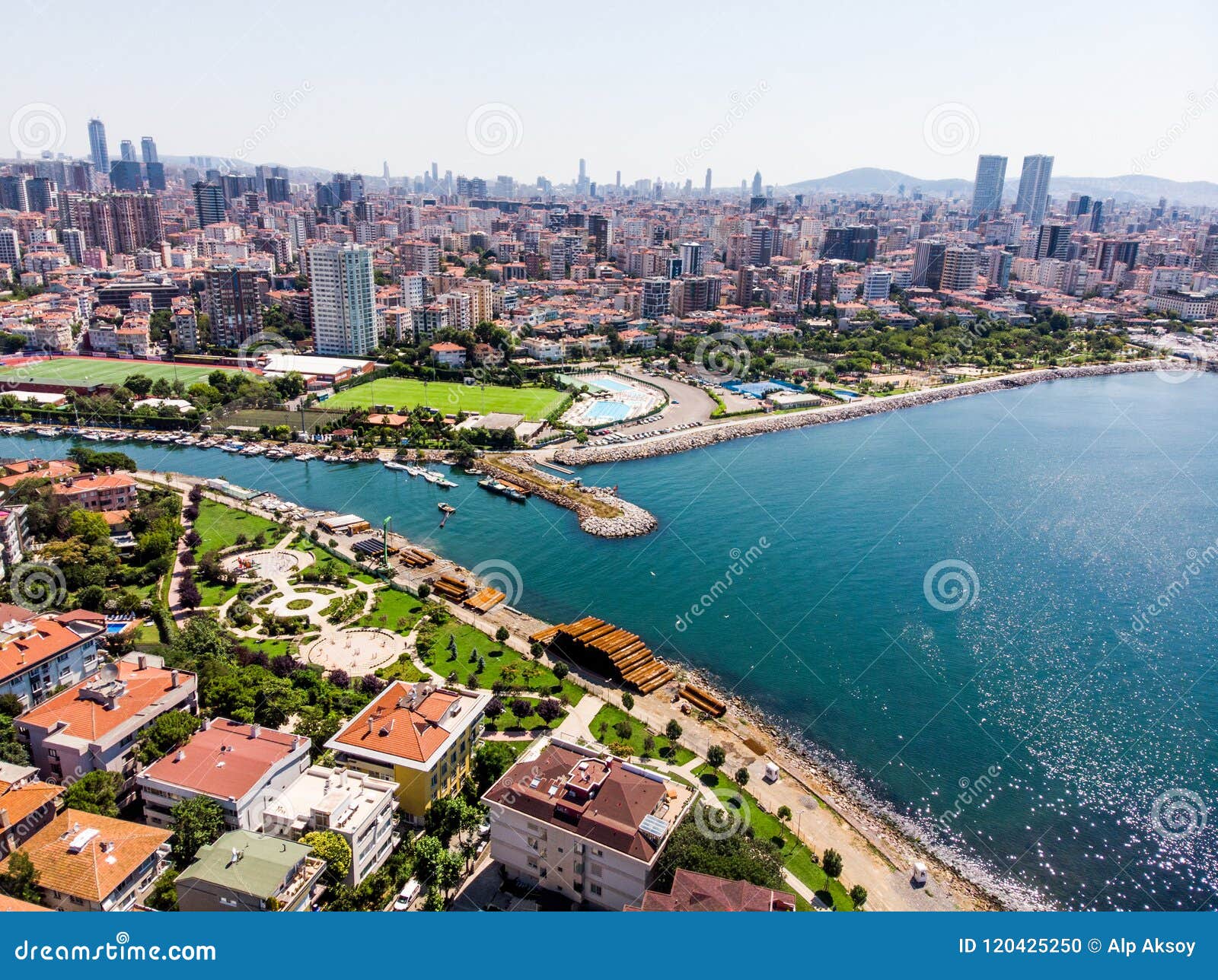 aerial drone view kadikoy moda kurbagalidere gulf in istanbul.