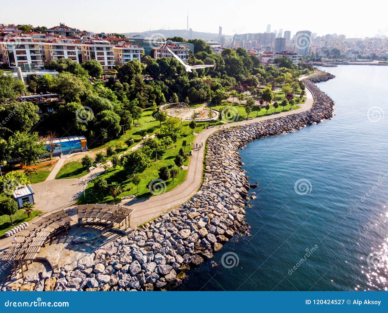 aerial drone view of kadikoy moda seaside in istanbul