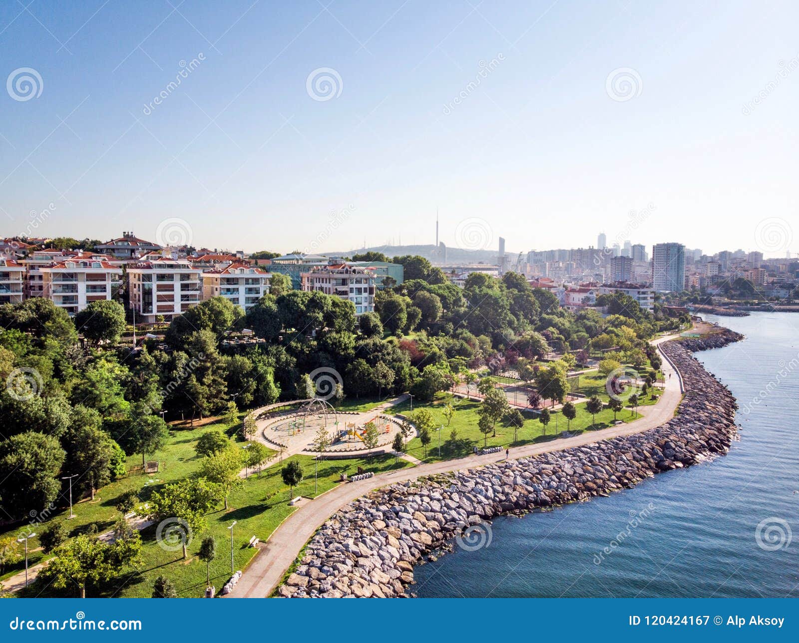 aerial drone view of kadikoy moda seaside in istanbul