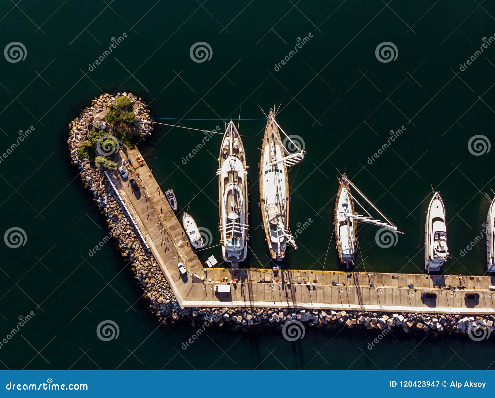 aerial drone view of kalamis fenerbahce marina with boats docked in voula istanbul / birds eye view.