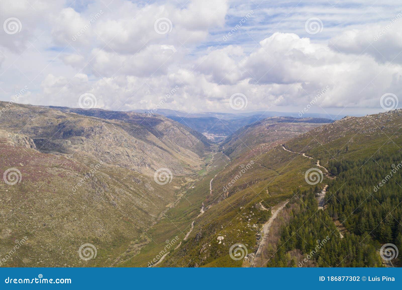 aerial drone view landscape of vale glaciar do zezere valley in serra estrela, portugal