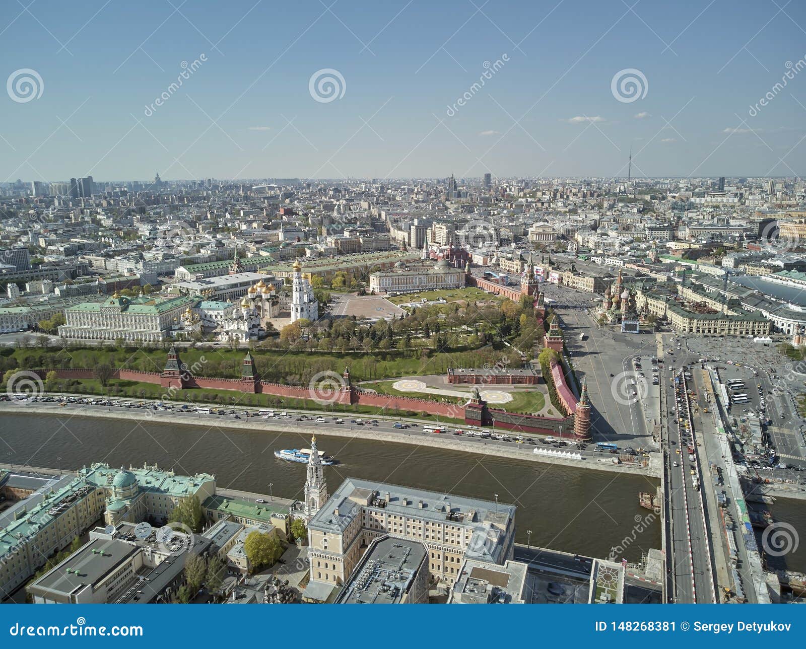 Aerial View On Moscow Red Square Kremlin Towers Clock Kuranti Saint