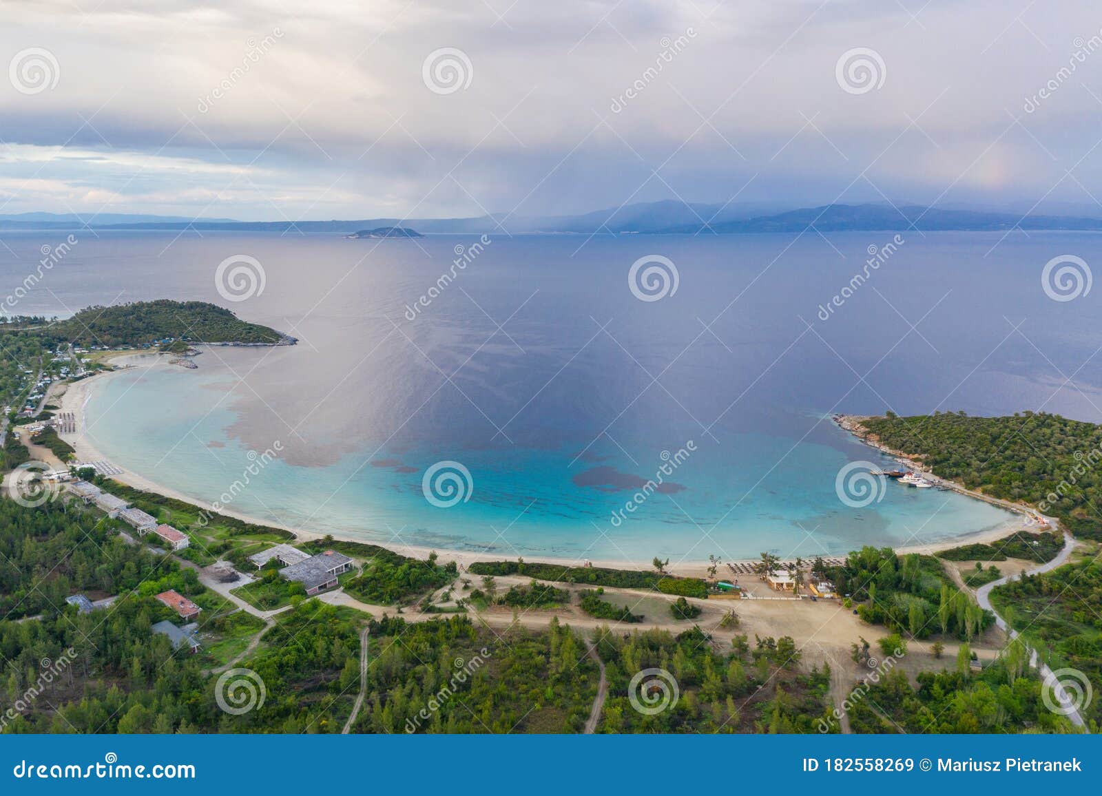 aerial drone view of paliouri beach in kassandra sithonia penisula chalkidiki greece