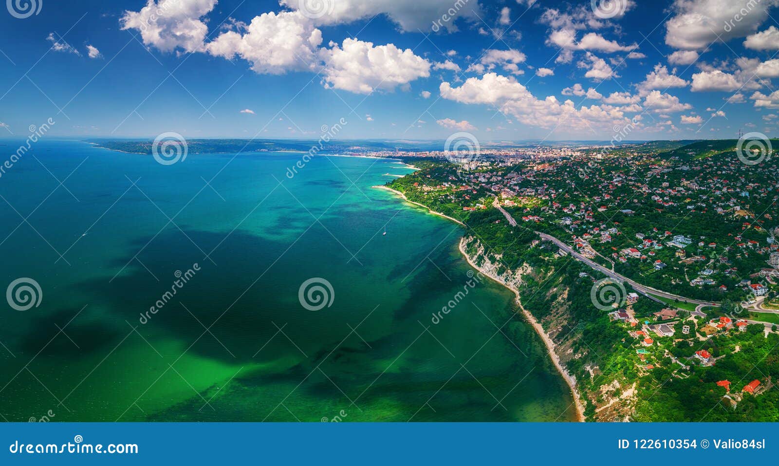 aerial drone view of sea and coast above varna, bulgaria. beautiful summer day.