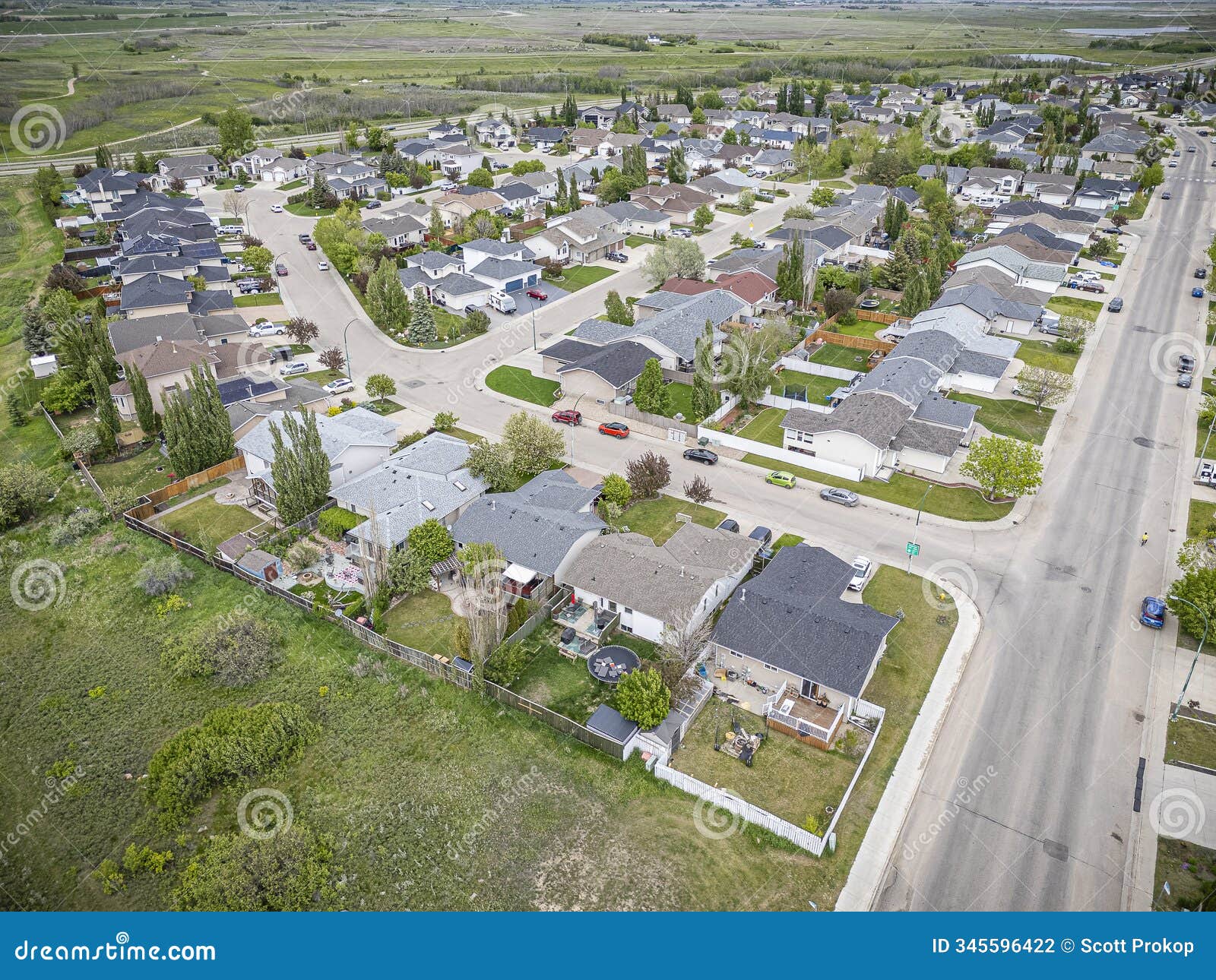 aerial drone view of silverspring neighborhood in saskatoon, saskatchewan