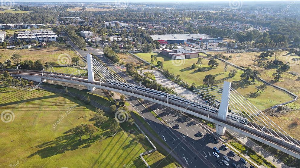 Aerial Drone View of a Train Heading Toward Tallawong Station on the Metro Northwest Railway