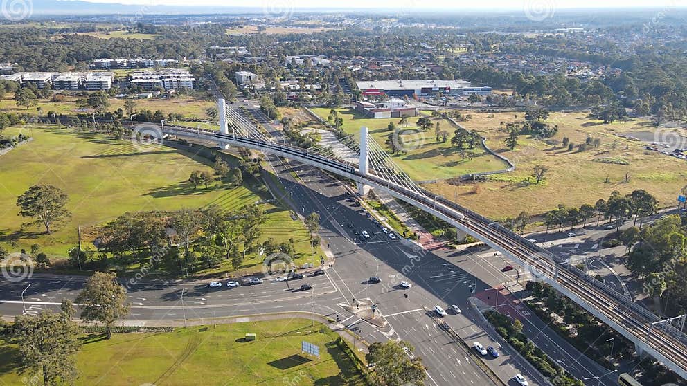 Aerial Drone View of a Train Heading Toward Tallawong Station on the Metro Northwest Railway