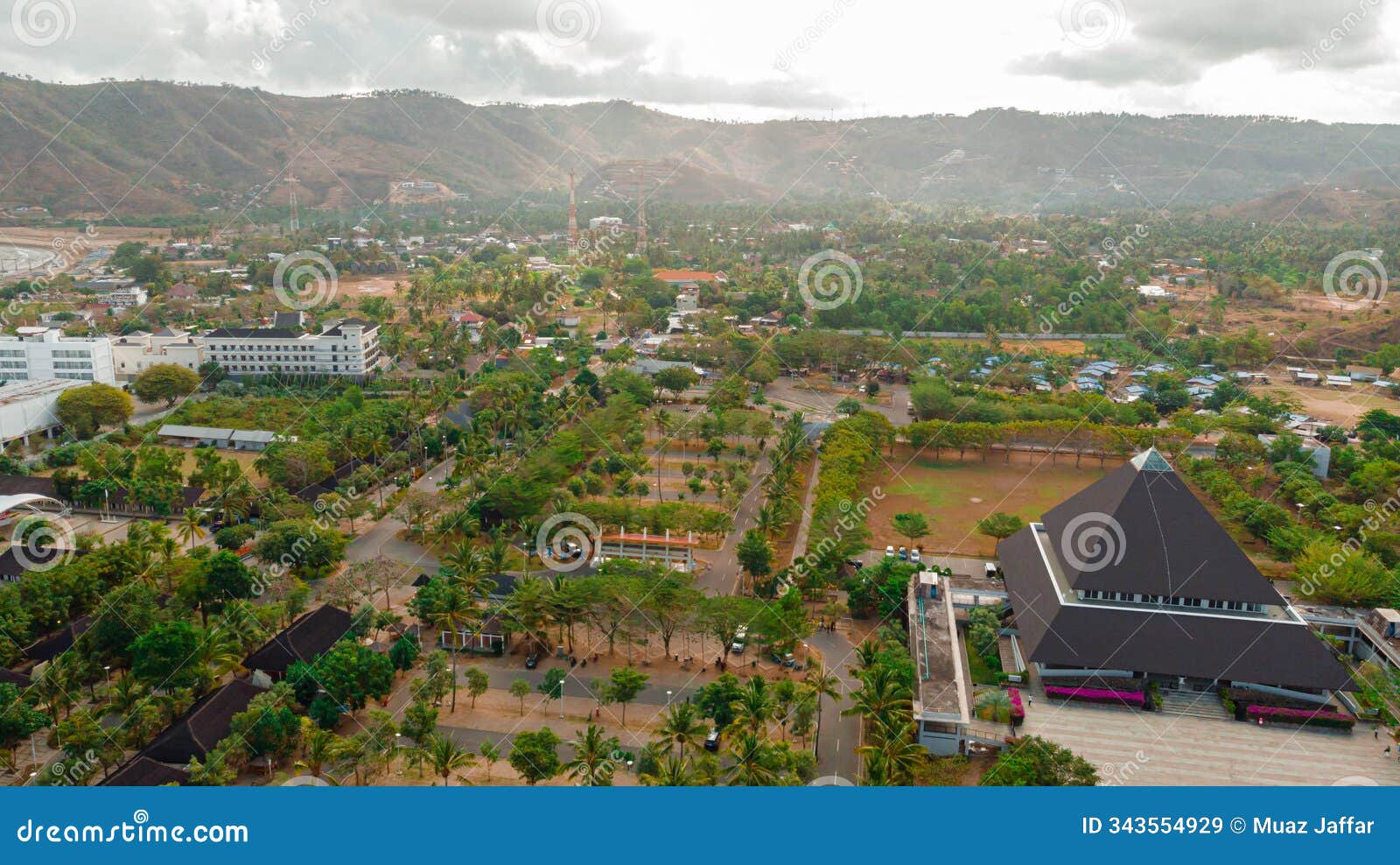 aerial drone view of unique nurul bilad mosque or masjid nurul bilad in kuta mandalika, lombok, indonesia.