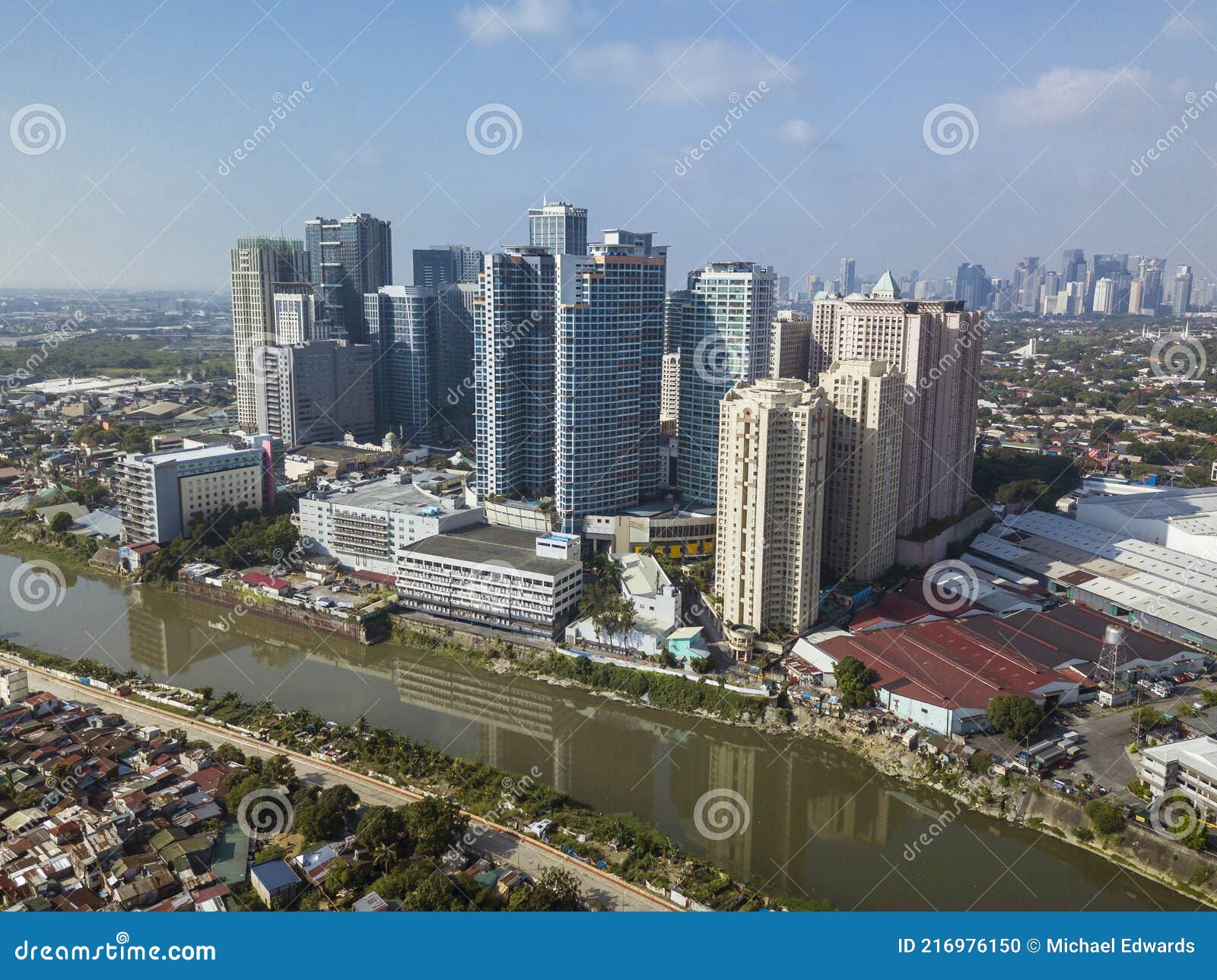aerial of eastwood city and the marikina river. northern metro manila cityscape and skyline