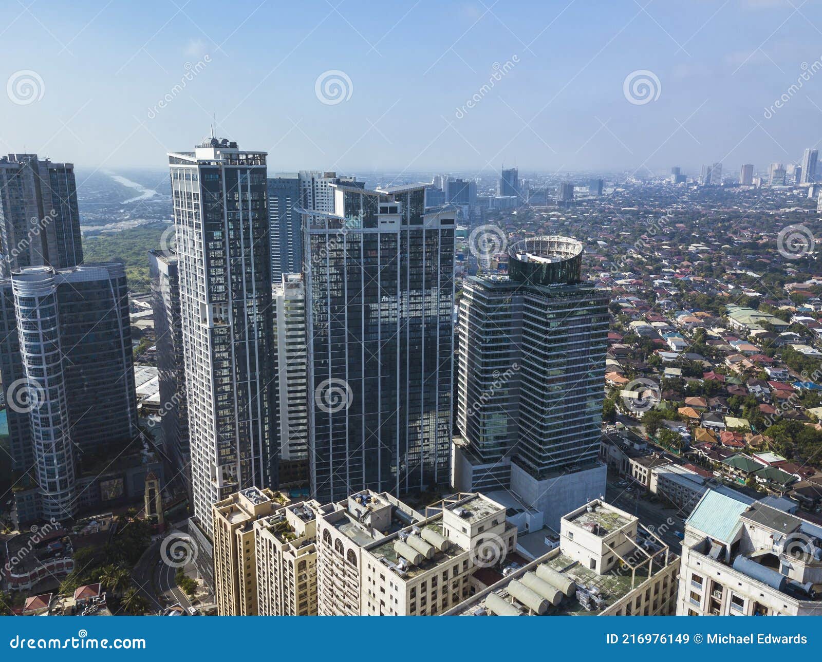 aerial of eastwood city skyline and cityscape along c5. libis, quezon city, philippines