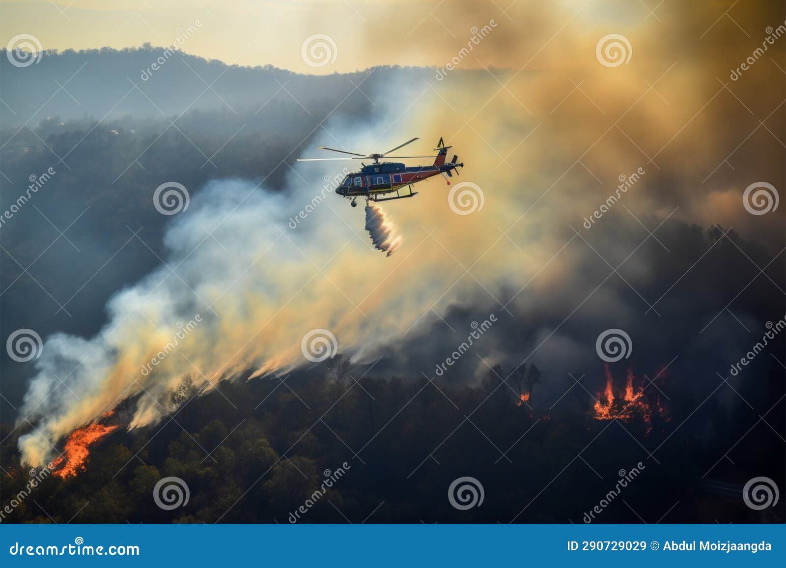 aerial firefighting helicopter releases water to combat a fierce wildfire