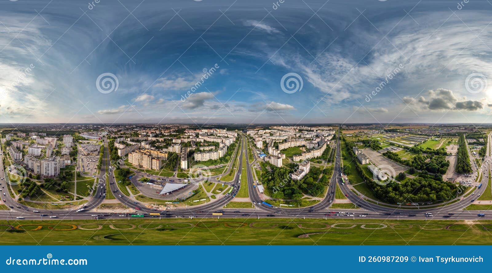 aerial full seamless spherical 360 hdri panorama view above road junction with traffic in city overlooking of residential area of