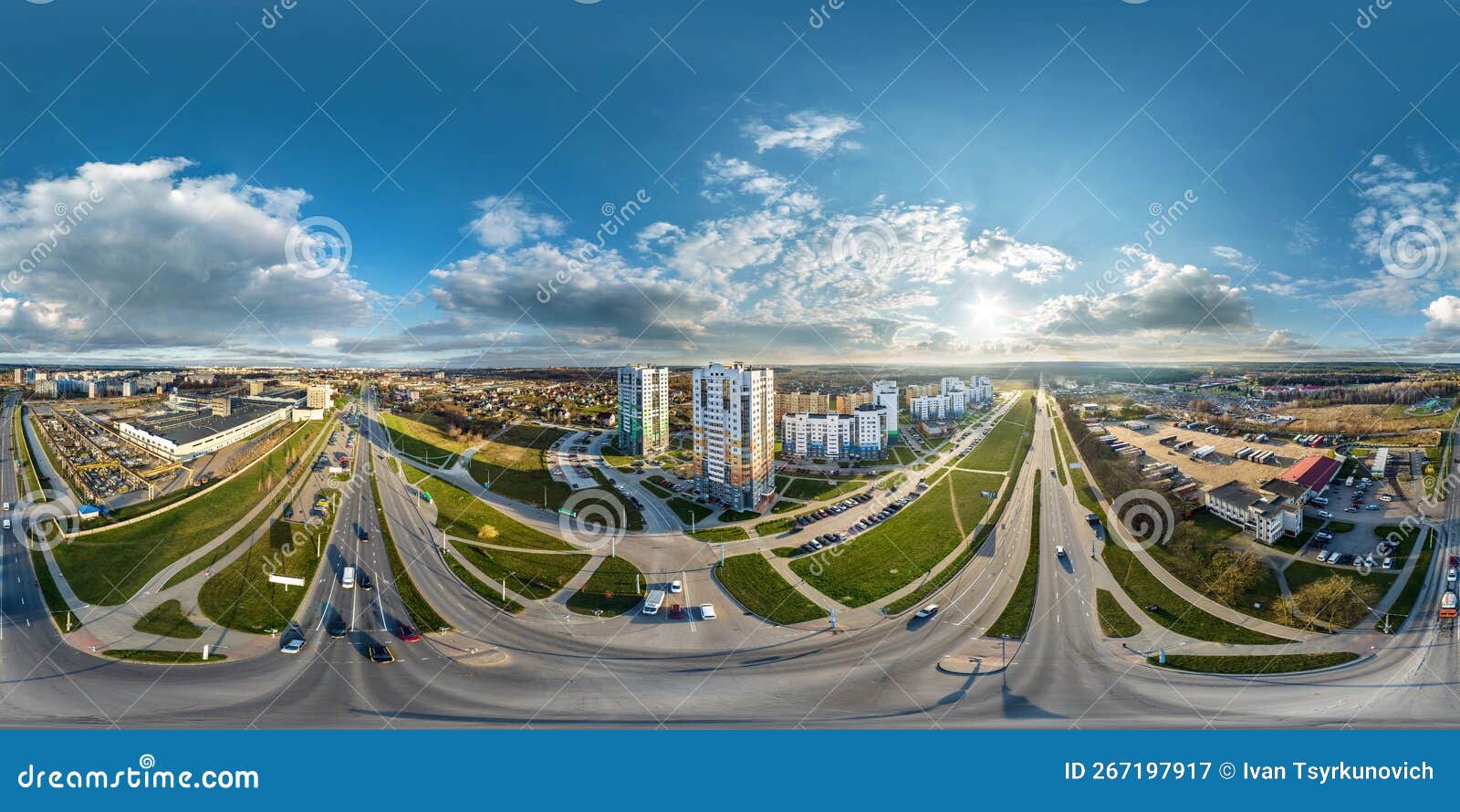 aerial full seamless spherical hdri 360 panorama view above road junction with traffic in city overlooking of residential area of