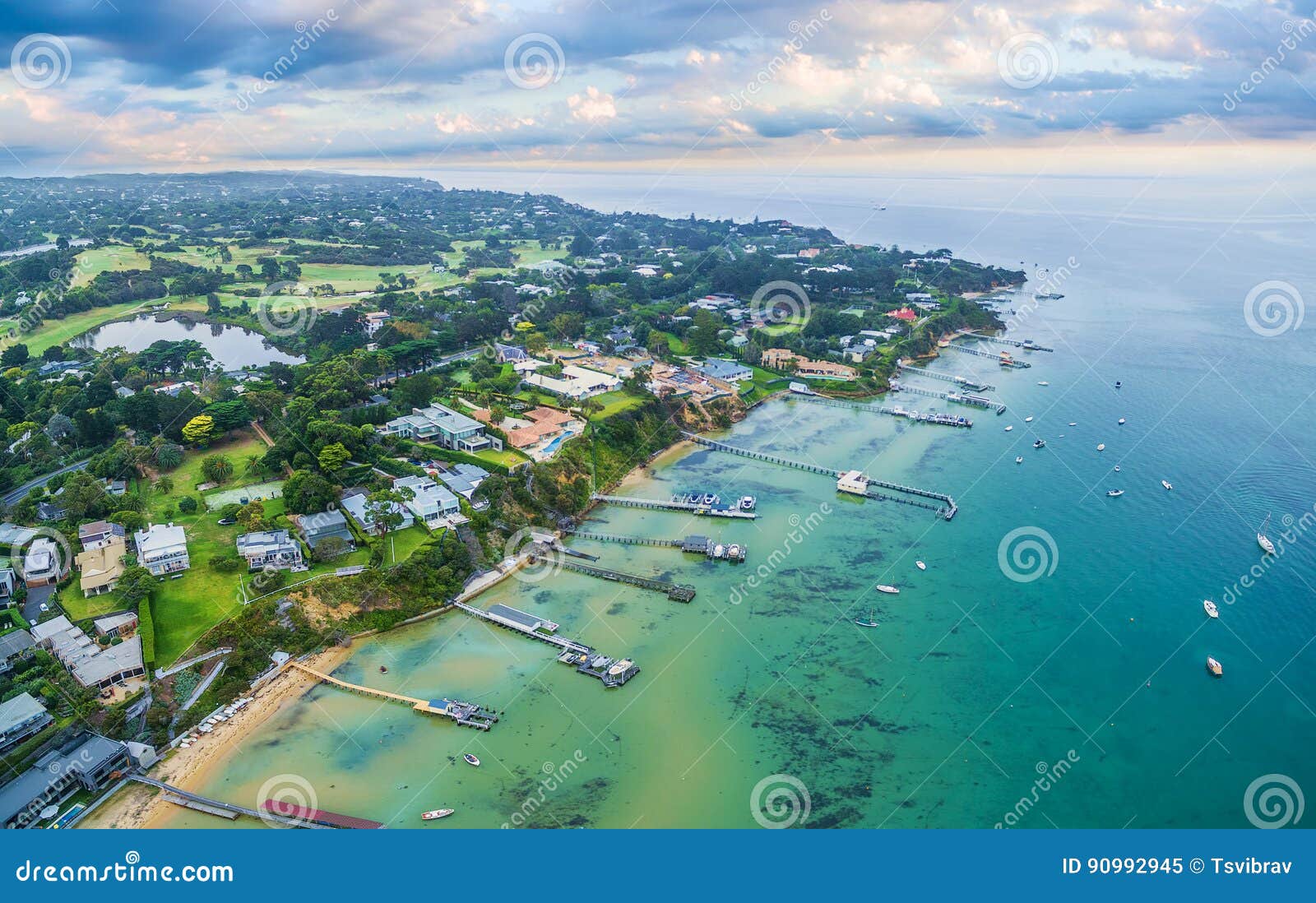 aerial landscape of sorrento suburb coastline with private piers